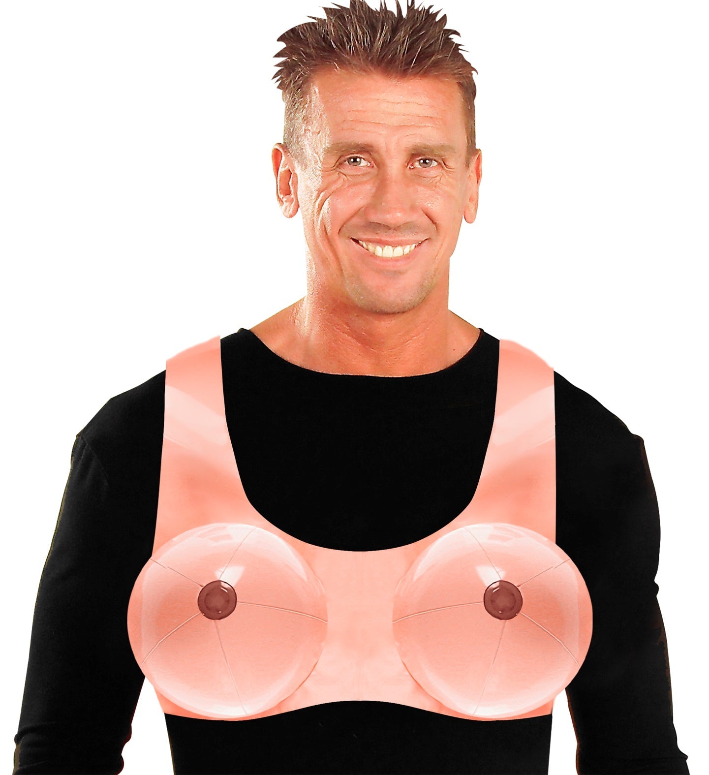 Aufblasbare Brust mit schwarzem Tragegurt als Kostümzubehör vor weißem Hintergrund