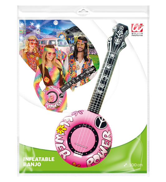 Pink inflatable hippie banjo, 100cm, made of eco-PVC, with peace symbol.