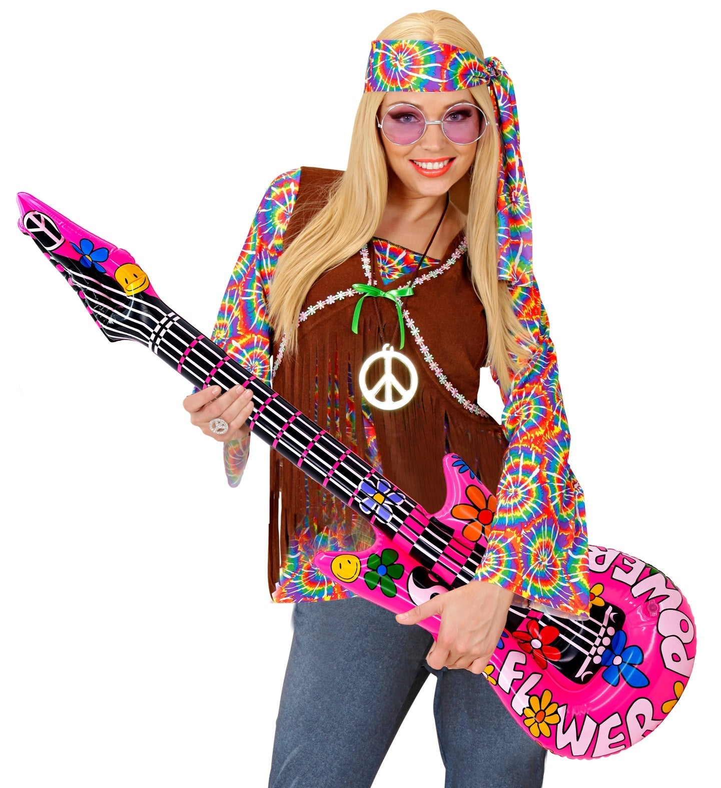 105cm inflatable hippie guitar with psychedelic PVC design and peace motifs.