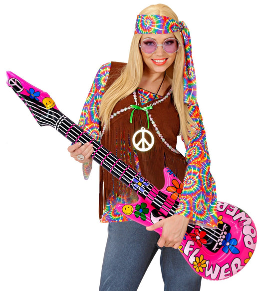 105cm inflatable hippie guitar with psychedelic PVC design and peace motifs.