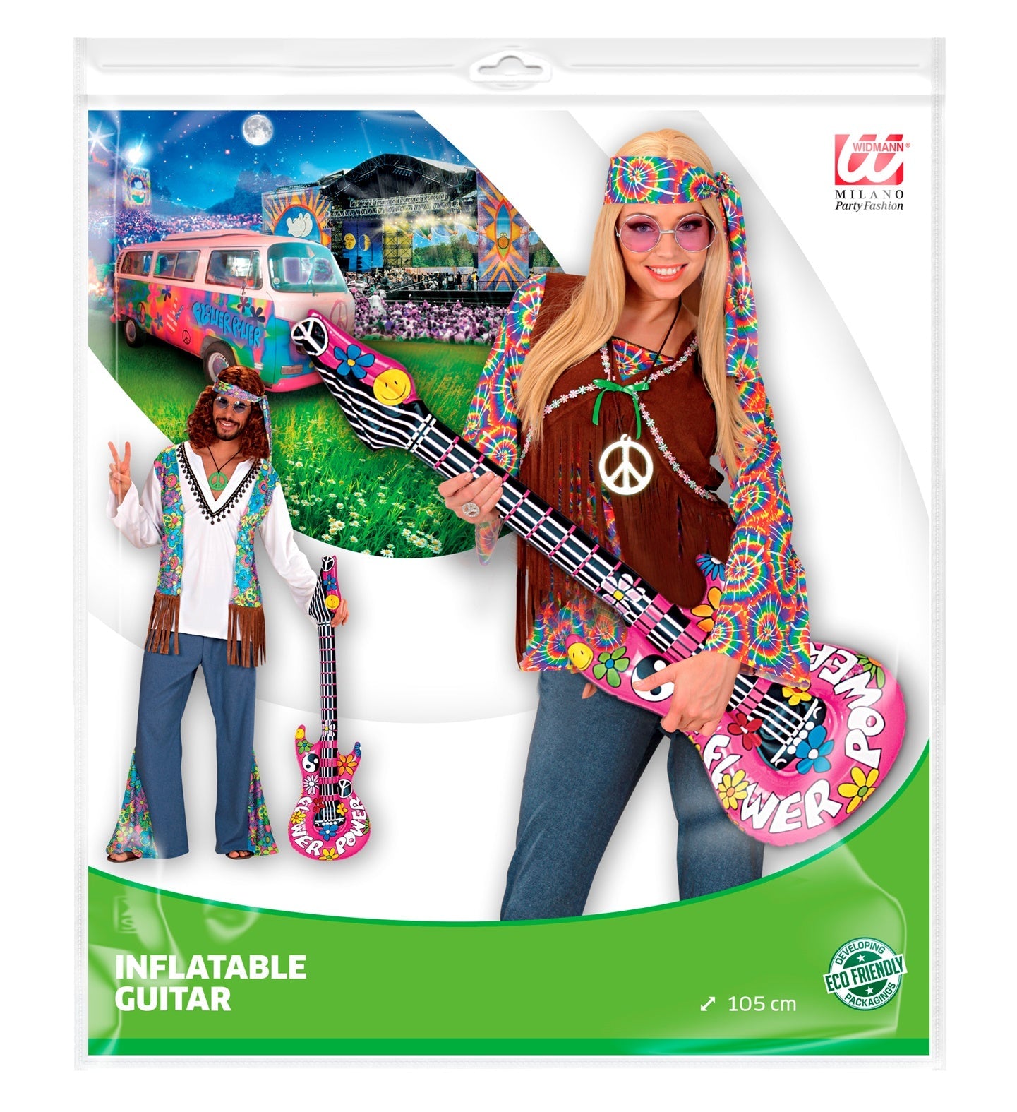 105cm inflatable psychedelic hippie guitar prop with peace symbols and vibrant colors.