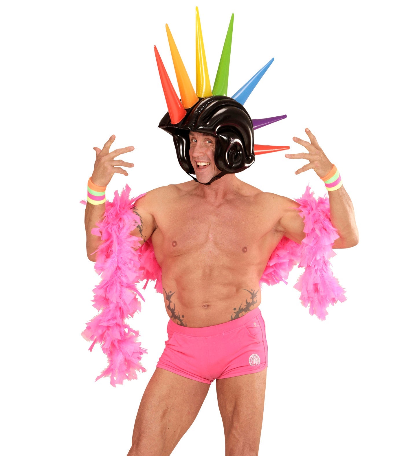 Aufblasbarer Helm mit neonfarbenen Regenbogen-Spikes für 80er-Partys.