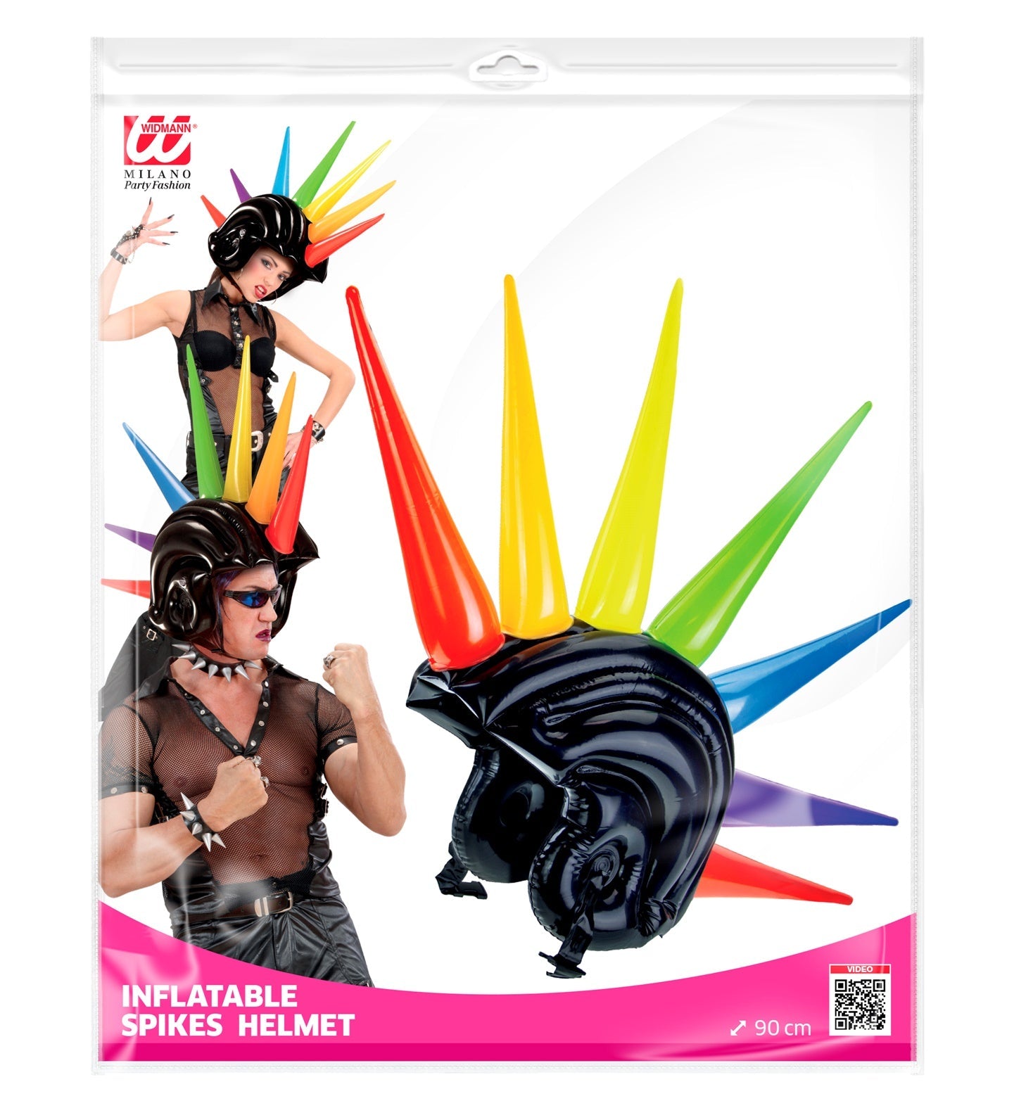 Aufblasbarer Helm mit neonfarbenen Regenbogen-Spikes für 80er-Partys.