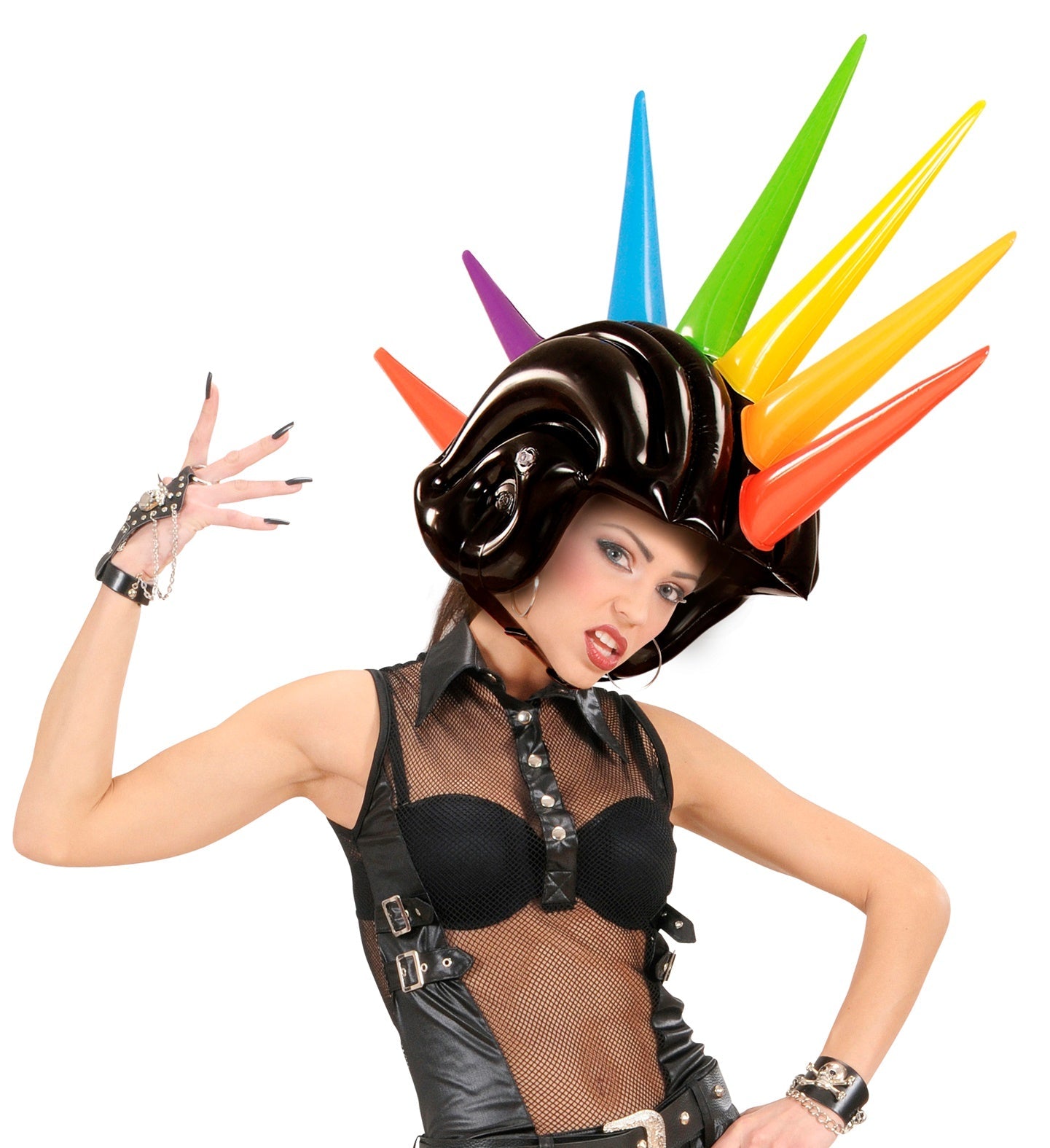 Aufblasbarer Helm mit neonfarbenen Regenbogen-Spikes für 80er-Partys.