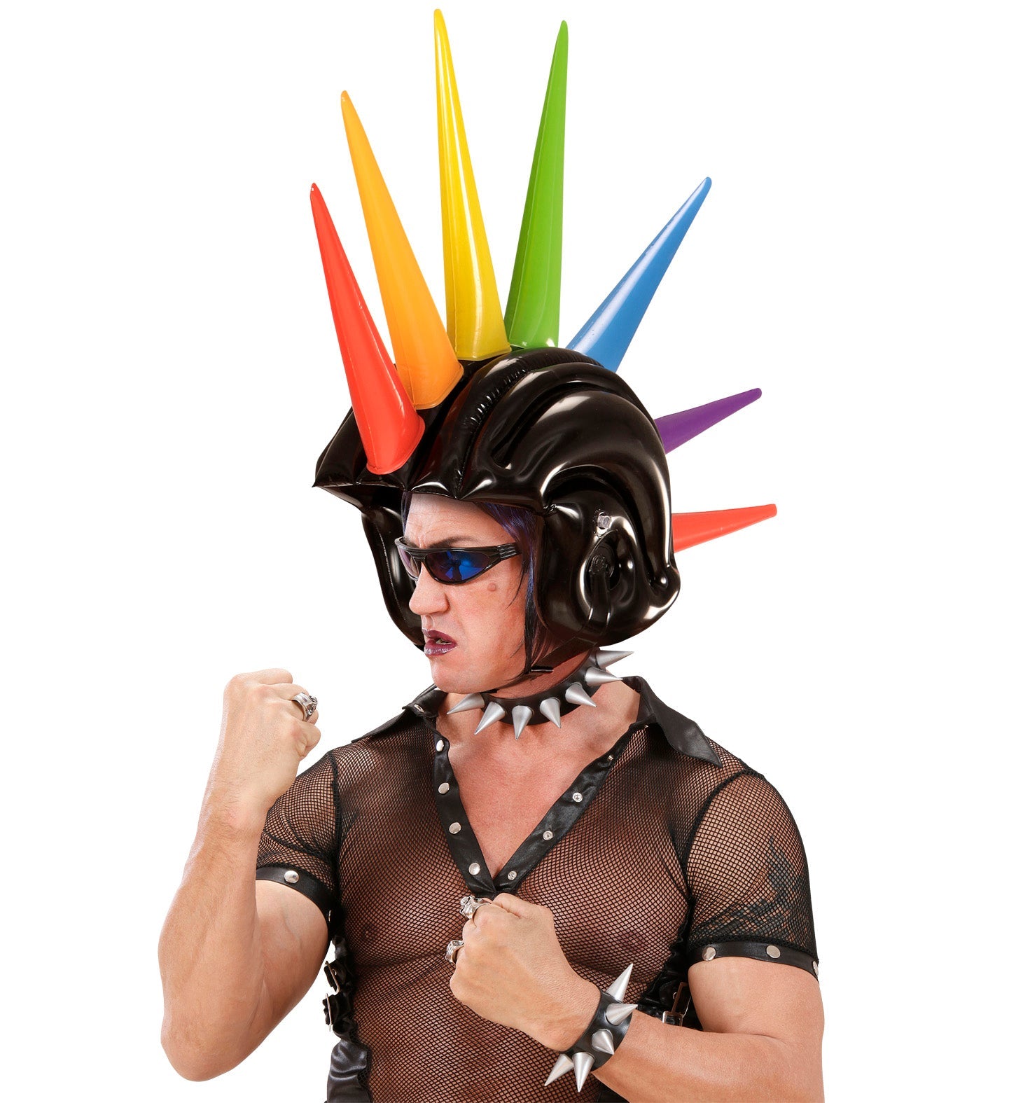 Aufblasbarer Helm mit neonfarbenen Regenbogen-Spikes für 80er-Partys.
