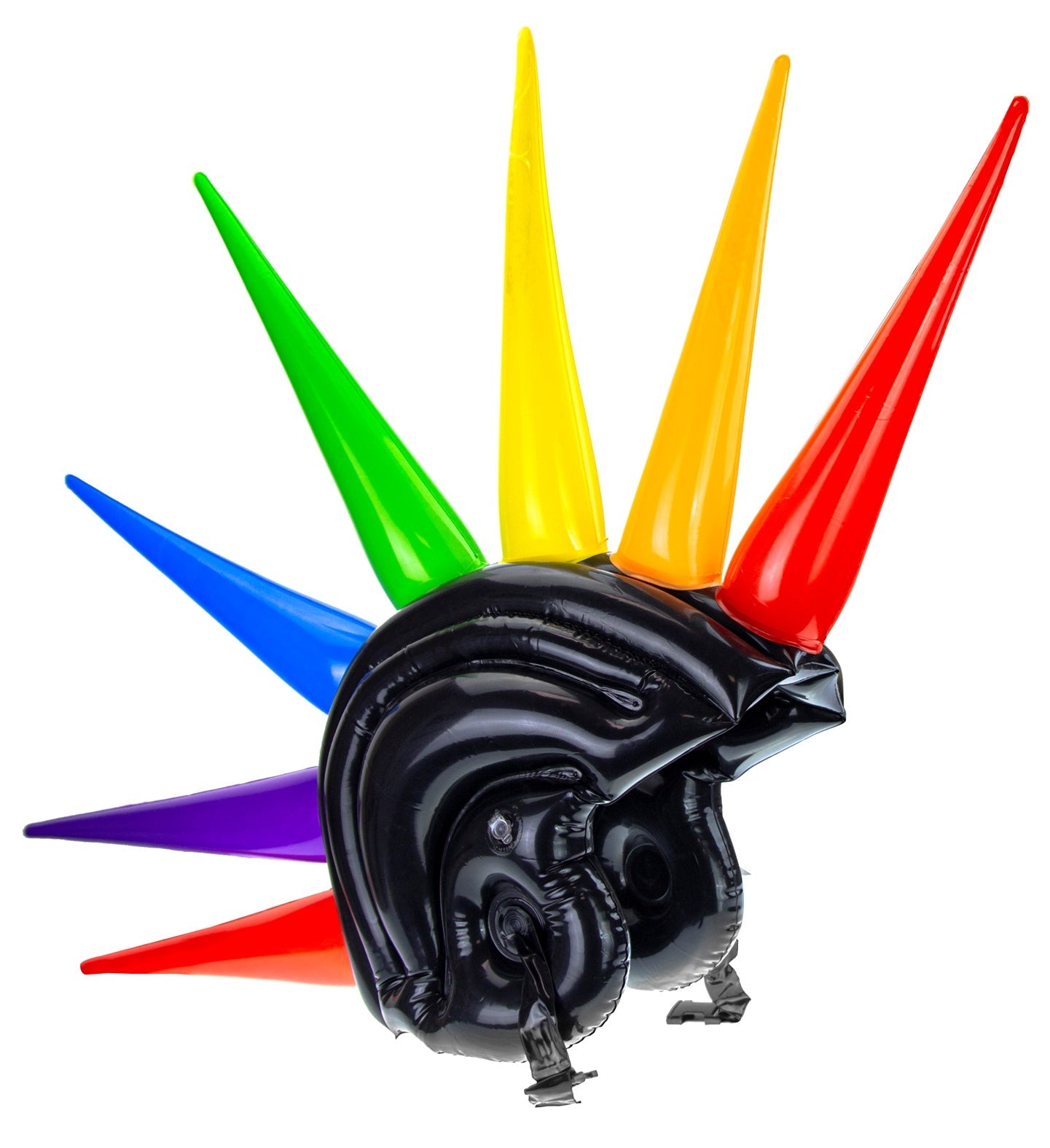 Aufblasbarer Helm mit neonfarbenen Regenbogen-Spikes für 80er-Partys.