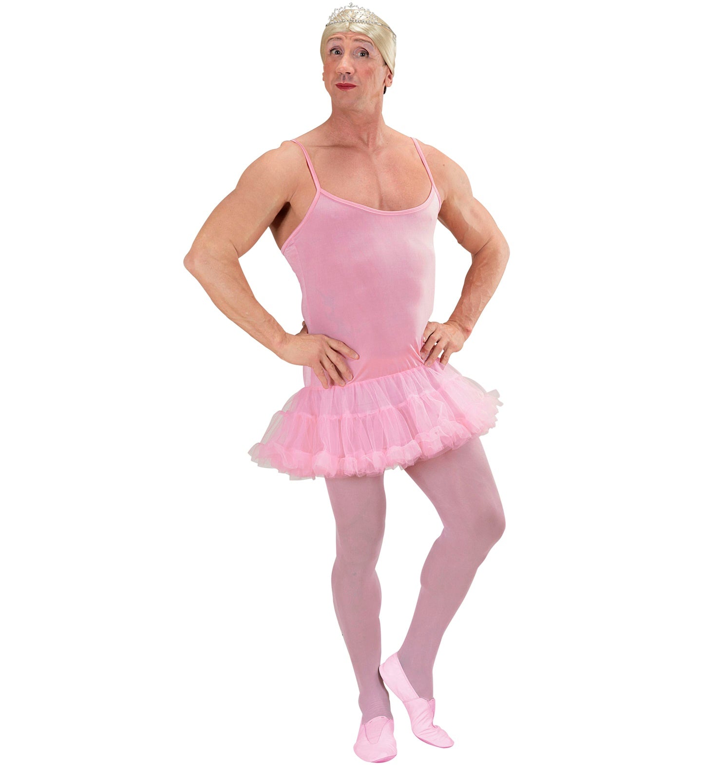 Mann in rosa Tüll-Ballerina-Kostüm mit Tutu und Strumpfhose, Größe M/L.