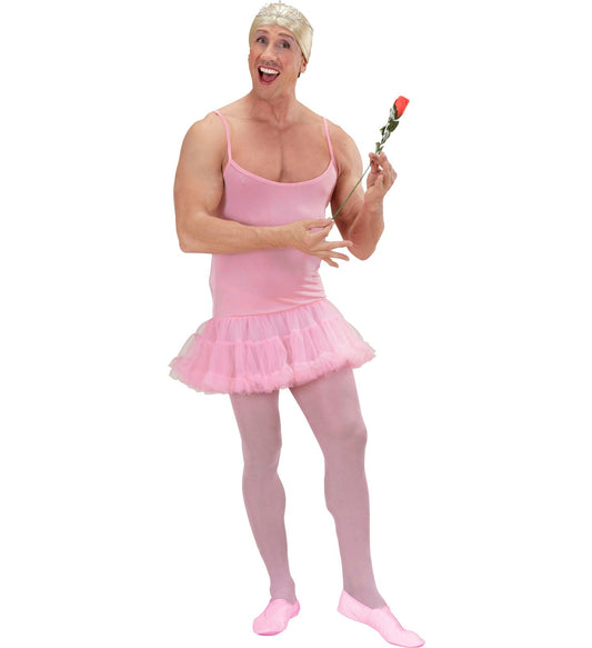 Mann in rosa Tüll-Ballerina-Kostüm mit Blume, Größe M/L.