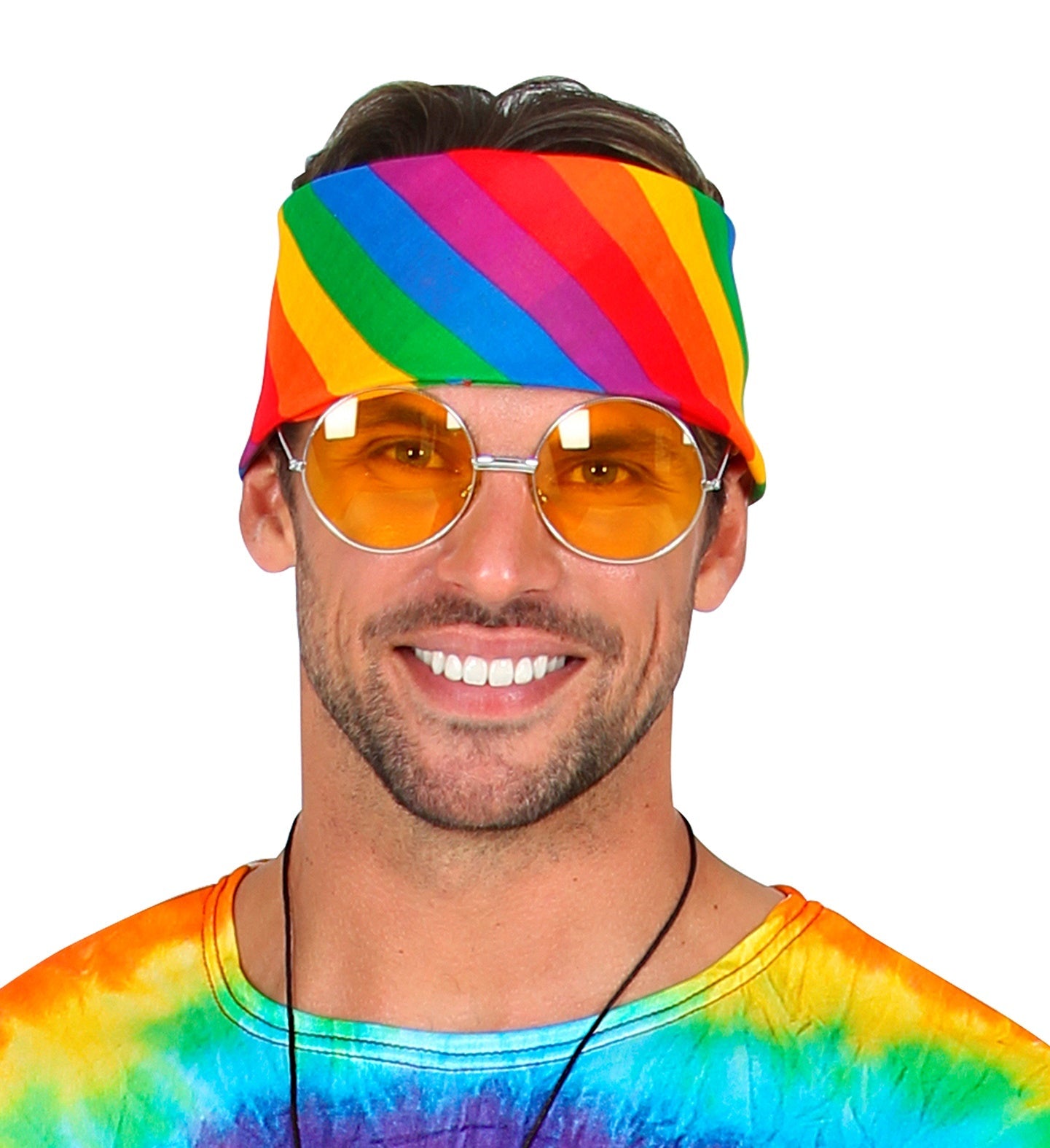 A man wearing a colorful rainbow cotton bandana headscarf and orange-tinted round sunglasses.
