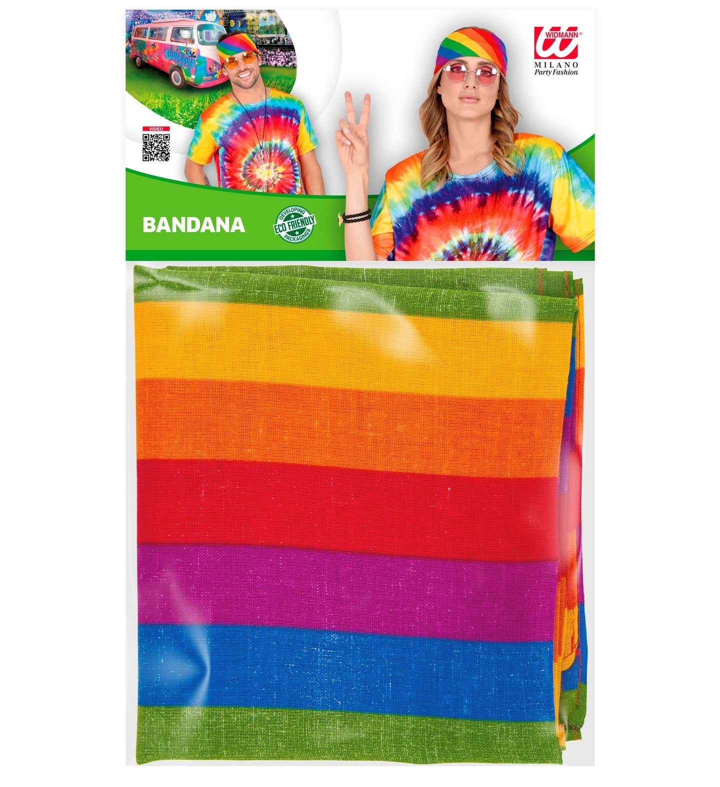 Colorful rainbow bandana made of 100% cotton, 55x55cm, folded in packaging.