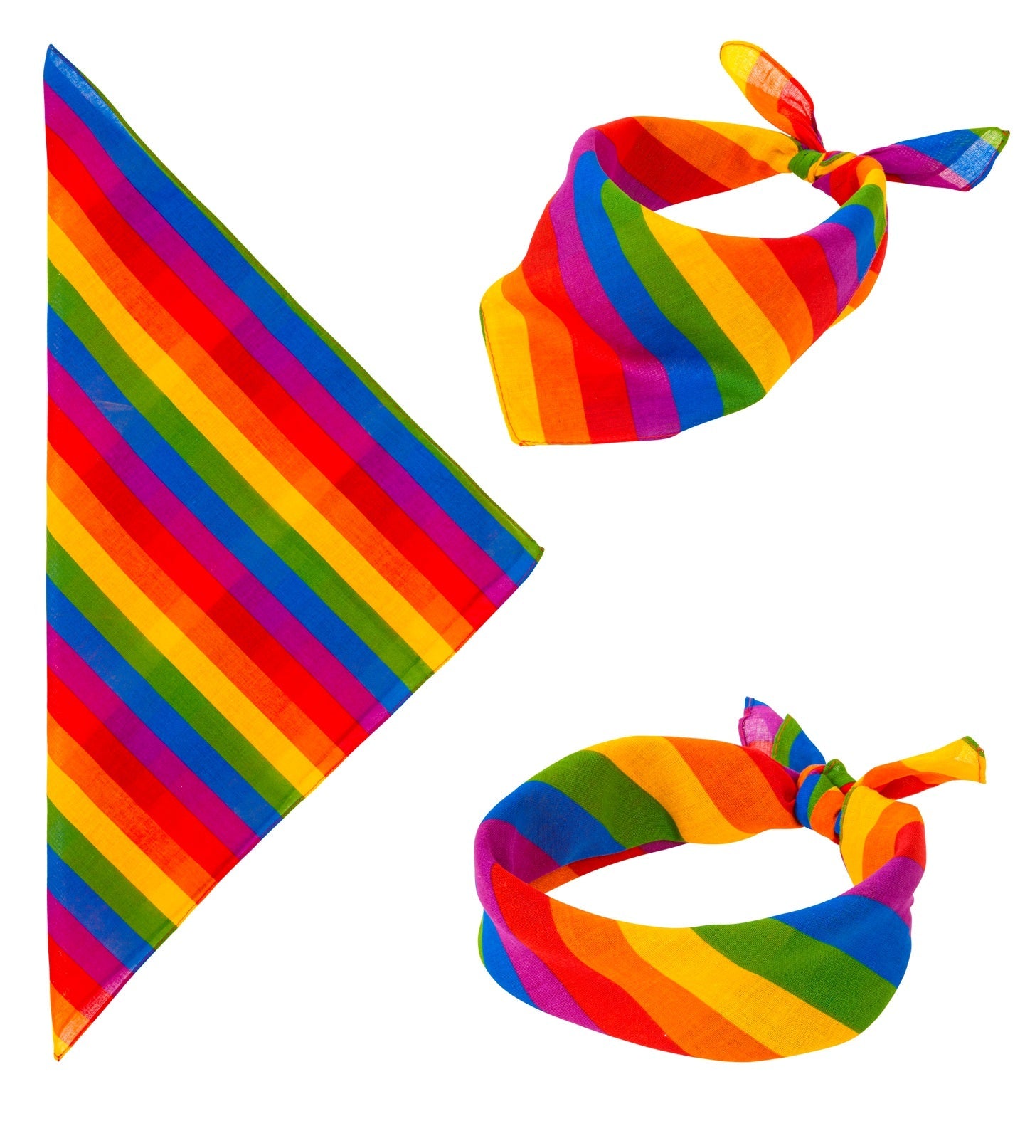 A rainbow-striped cotton bandana, 55x55cm, folded as head scarf and neckerchief.