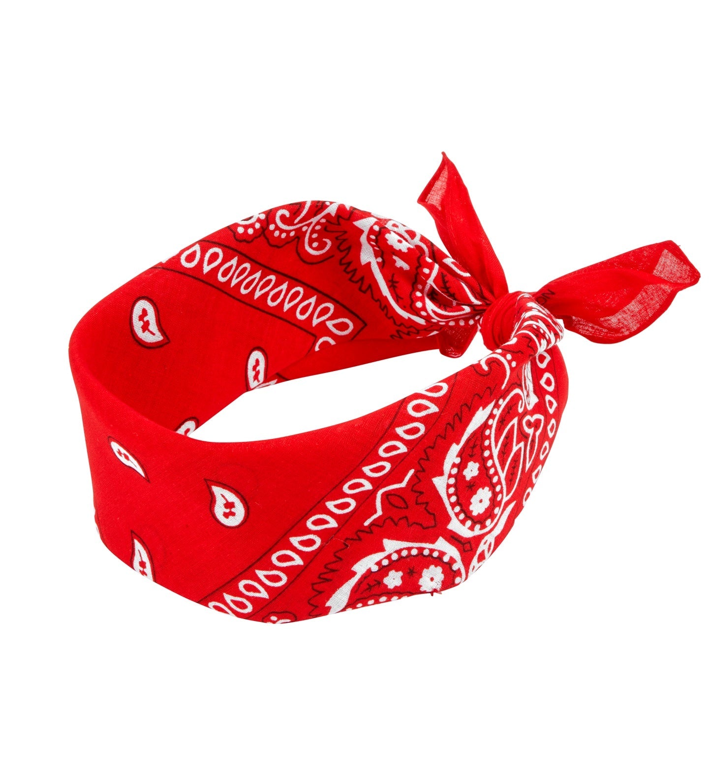 Rotes Bandana-Stirnband mit weißem Paisley-Muster, atmungsaktiv und dehnbar.