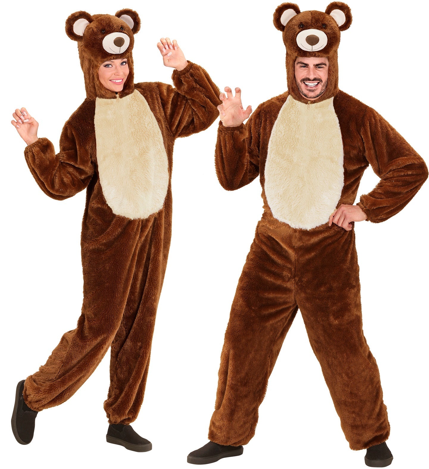 Brauner Plüsch-Bärenoverall mit Kapuze für Erwachsene, unisex, kuschelig und bequem.