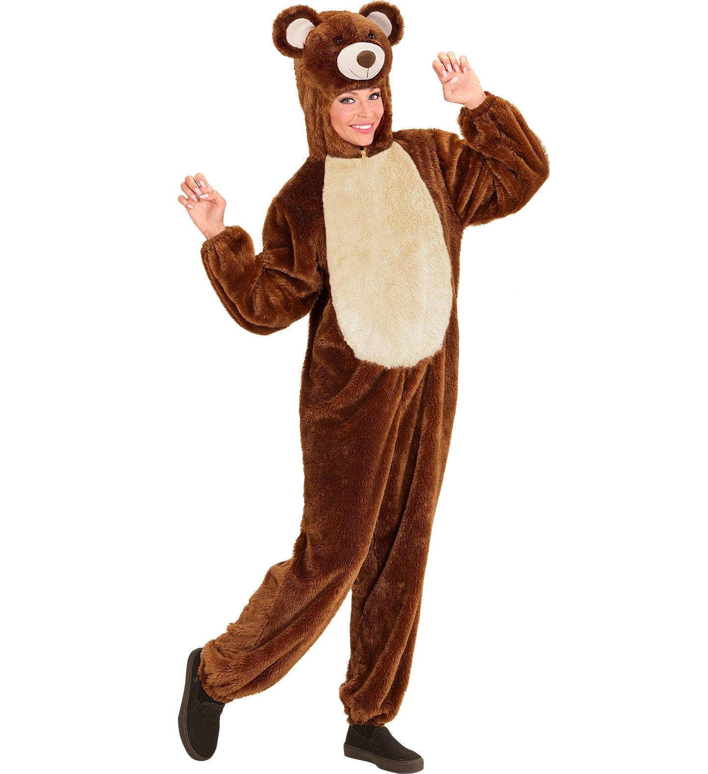 Bär Plüschkostüm für Erwachsene mit Kapuze, gemütlich und unisex, in braunem Fleece.