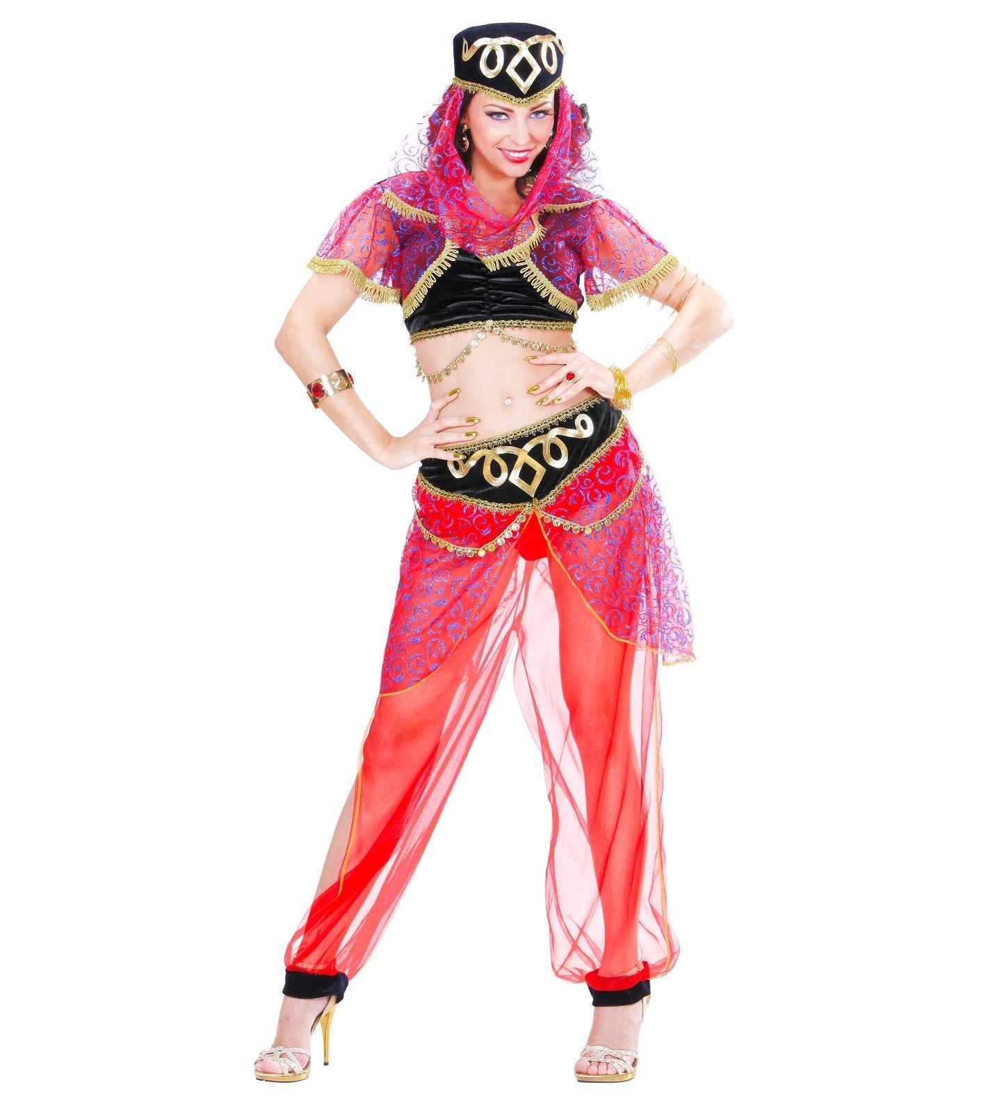 Orientalisches Prinzessinnenkostüm in Gold- und Rubinton mit fließenden Chiffon-Hosen.