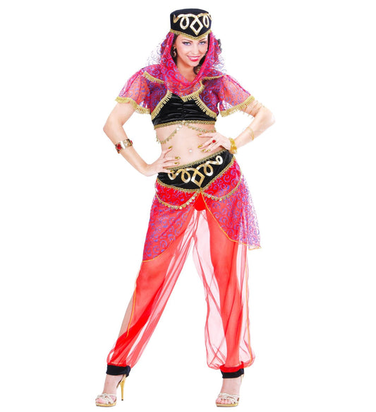 Orientalisches Prinzessinnenkostüm in Gold- und Rubinton mit fließenden Chiffon-Hosen.