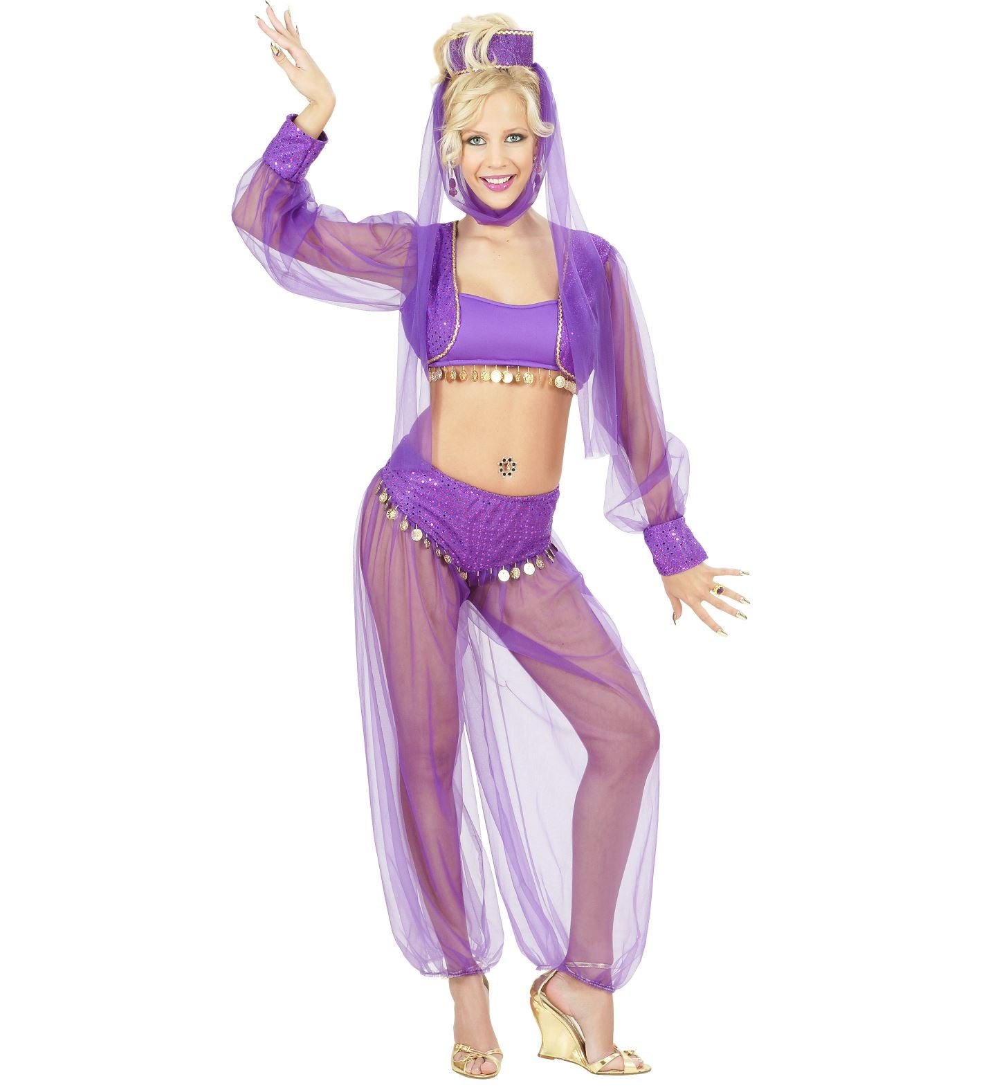 Orientalisches Bauchtanzkostüm mit goldverzierten Oberteil, bestickter Weste und Haremshose