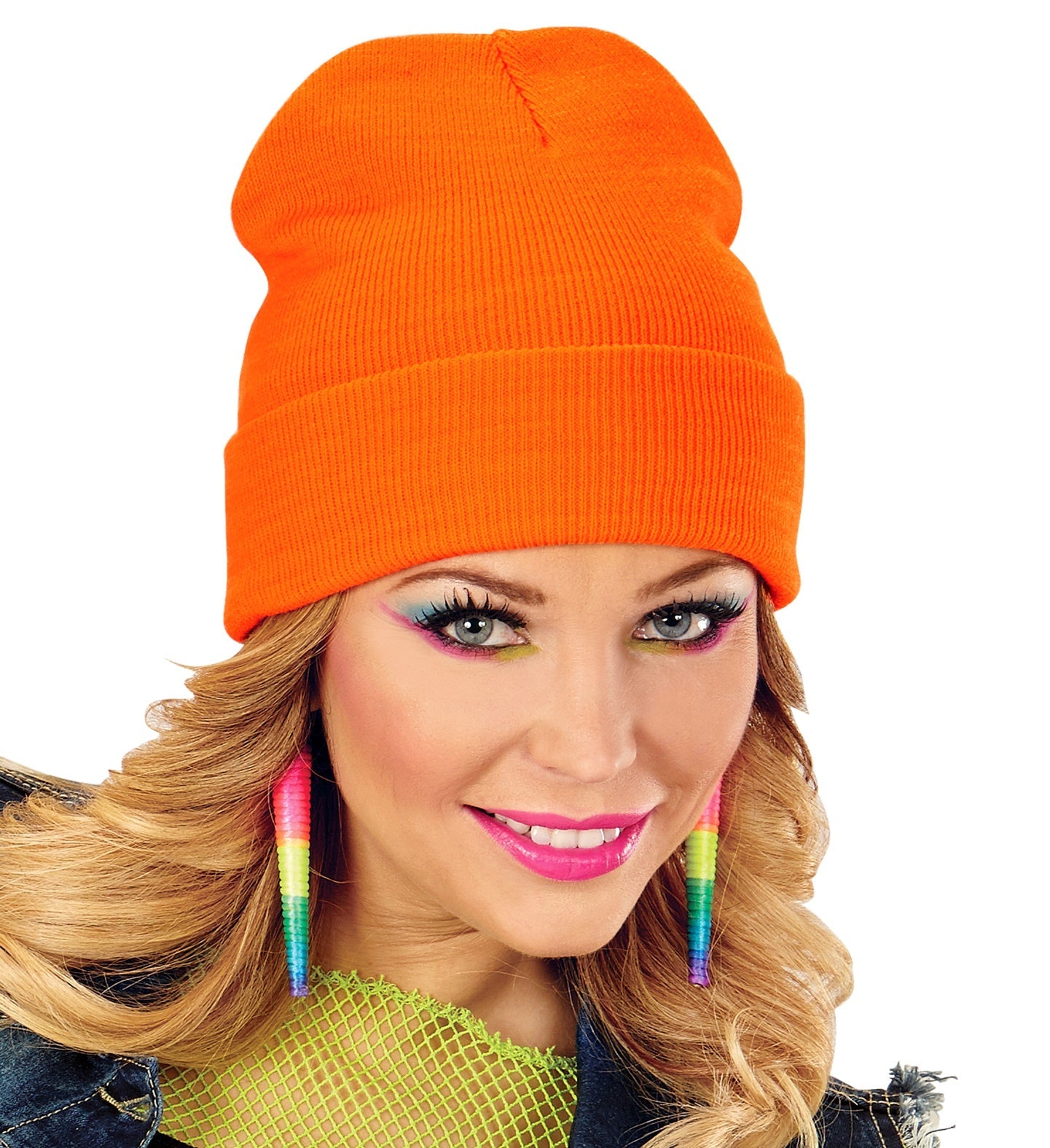 Leuchtend neon-orangene Acryl-Beanie-Mütze, warm und elastisch.
