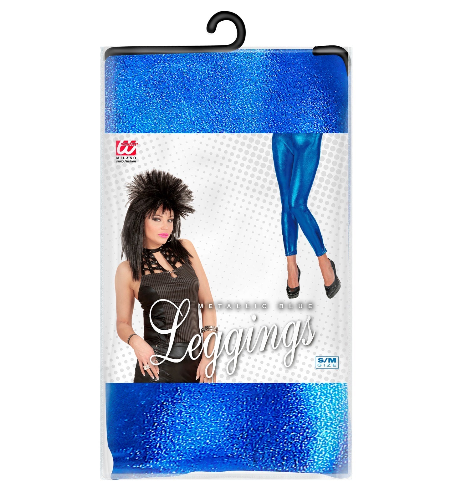 Blue metallic high-rise stretch leggings for women in a packaged box.