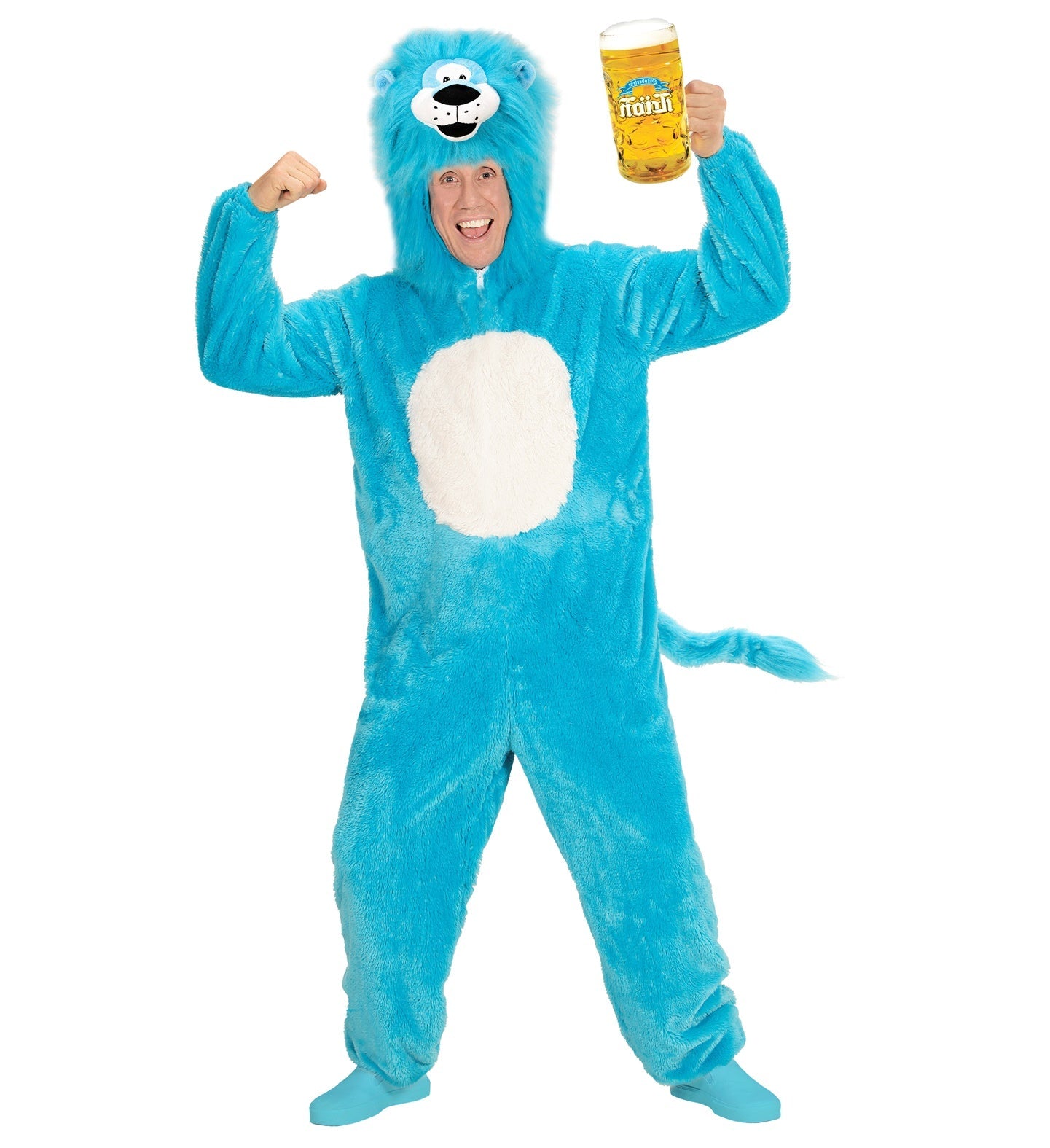 Blauer Löwen-Plüschoverall mit Kapuze, Mähne und Ohren für Erwachsene