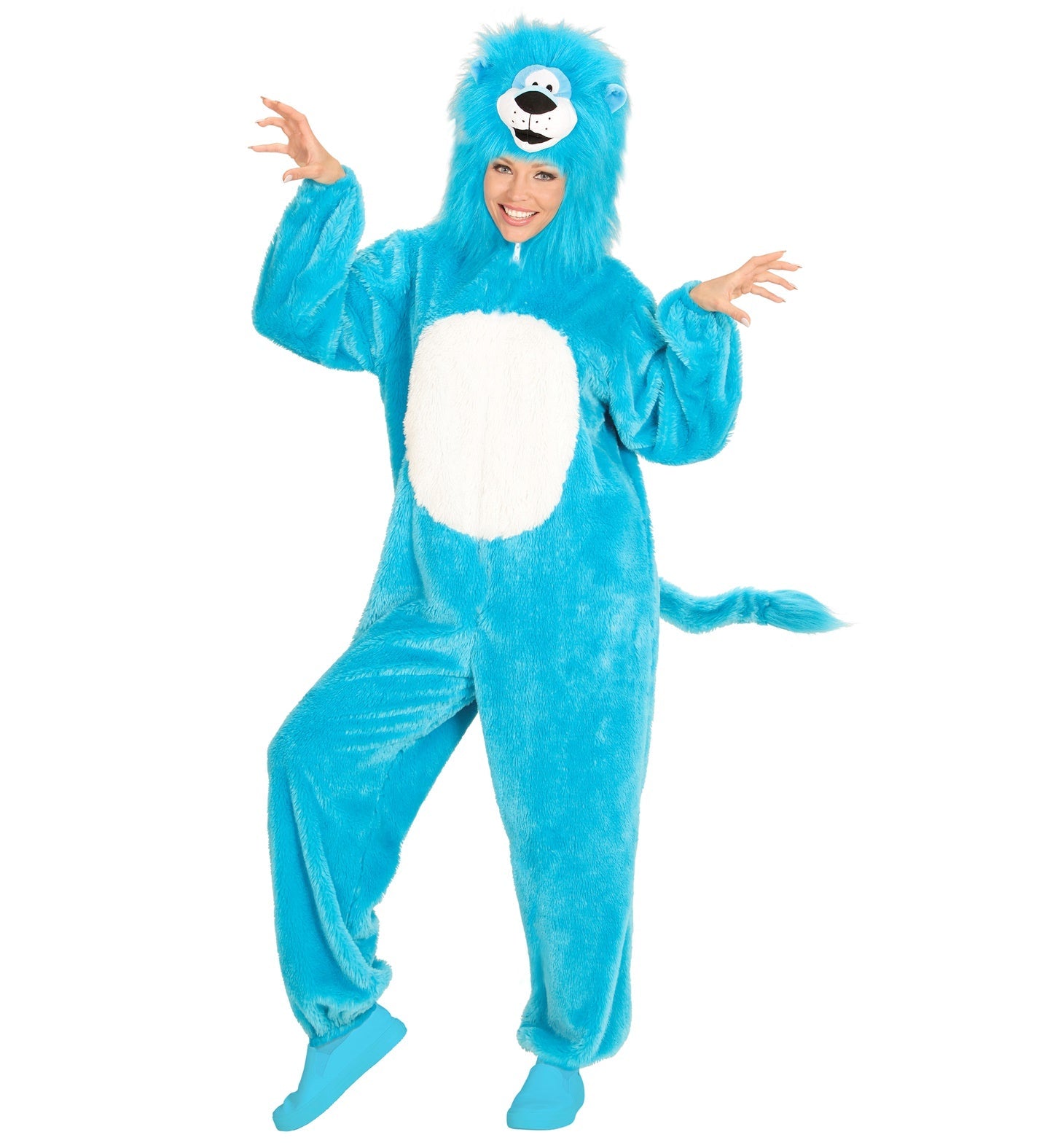 Blauer Löwe Plüschkostüm Overall mit Kapuze, weich und gemütlich, ideal für Erwachsene.