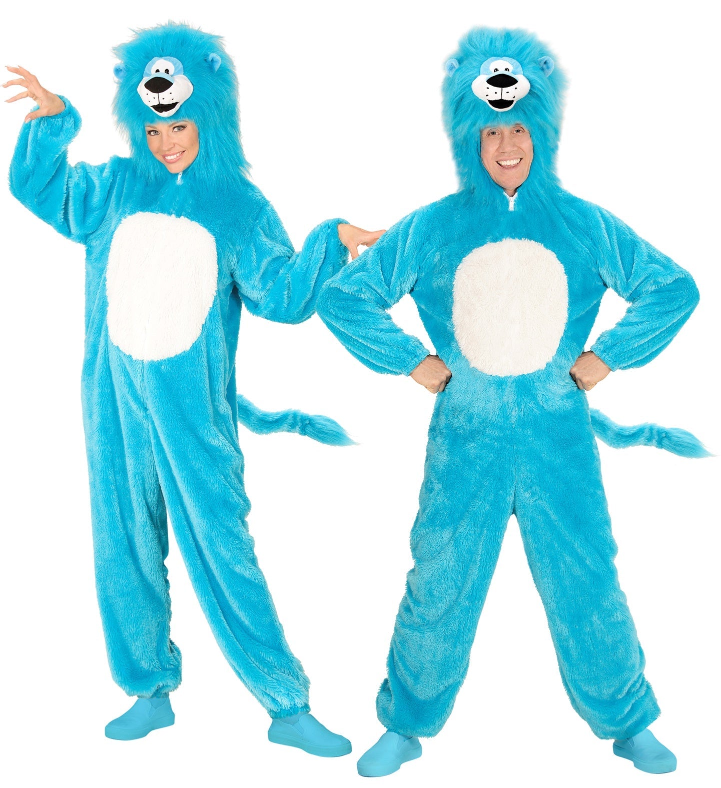 Blauer Löwen-Plüschoverall mit Kapuze und Mähne für Erwachsene, weich und bequem.
