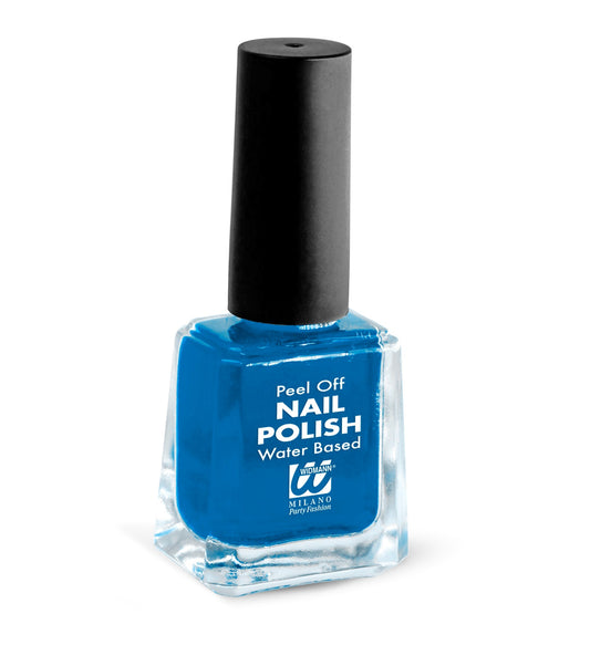 Blauer Pell-Off Nagellack in einer Flasche, wasserbasiert und einfach abziehbar.