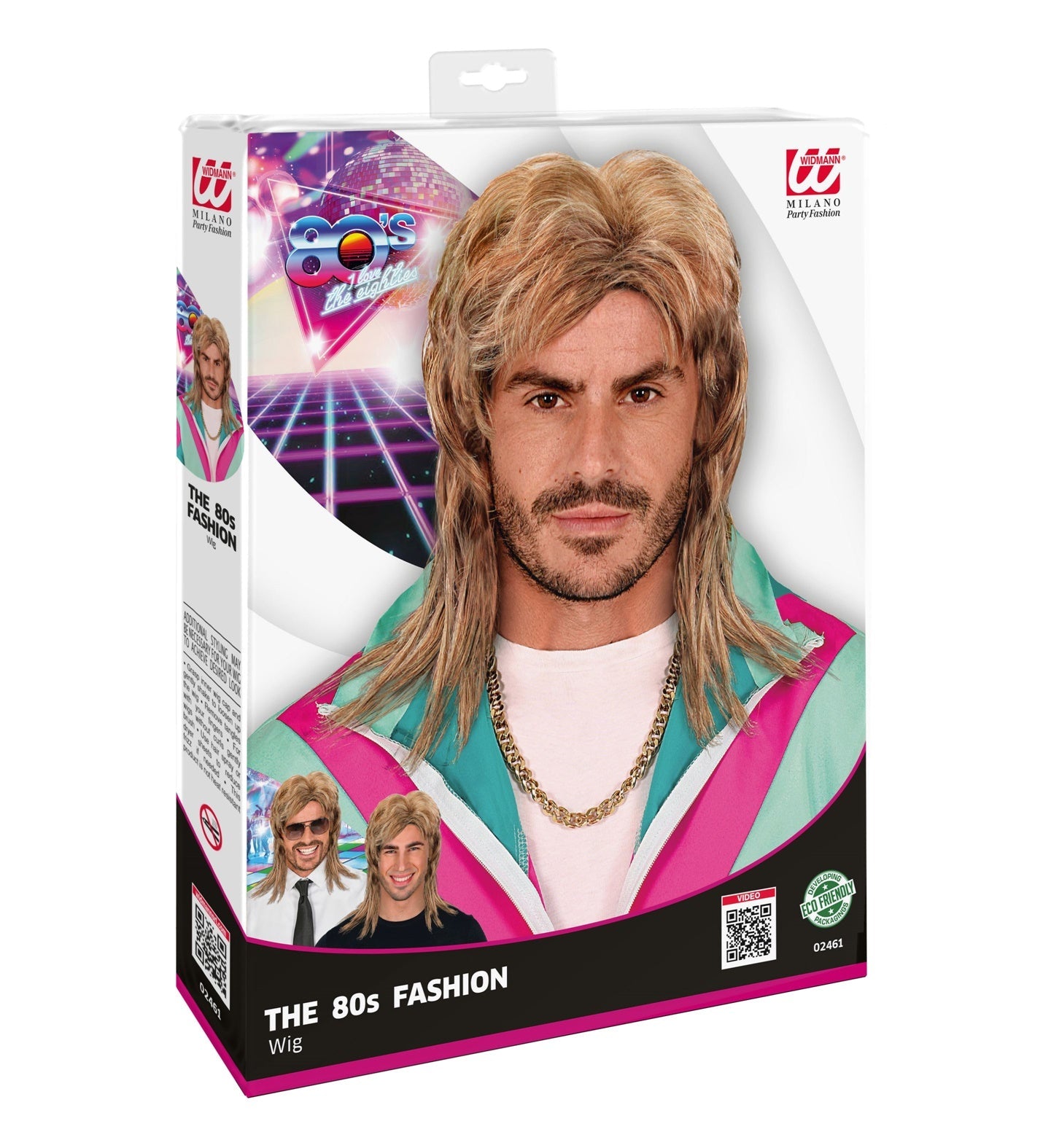 Blonde 80er Vokuhila Perücke in Verpackung mit Retro-Modell.