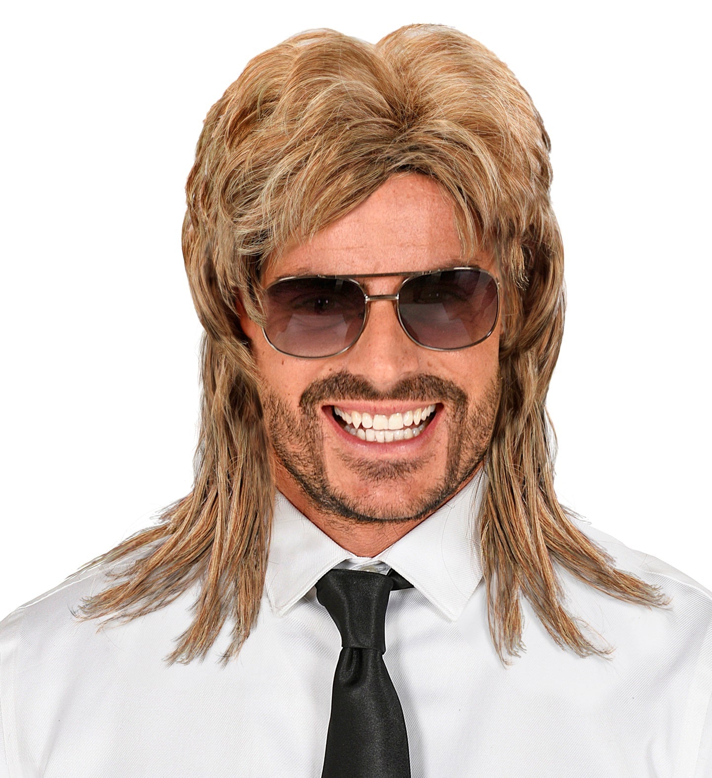 Blonde 80er Vokuhila Perücke mit Retro-Frisur und Modell in Anprobe.