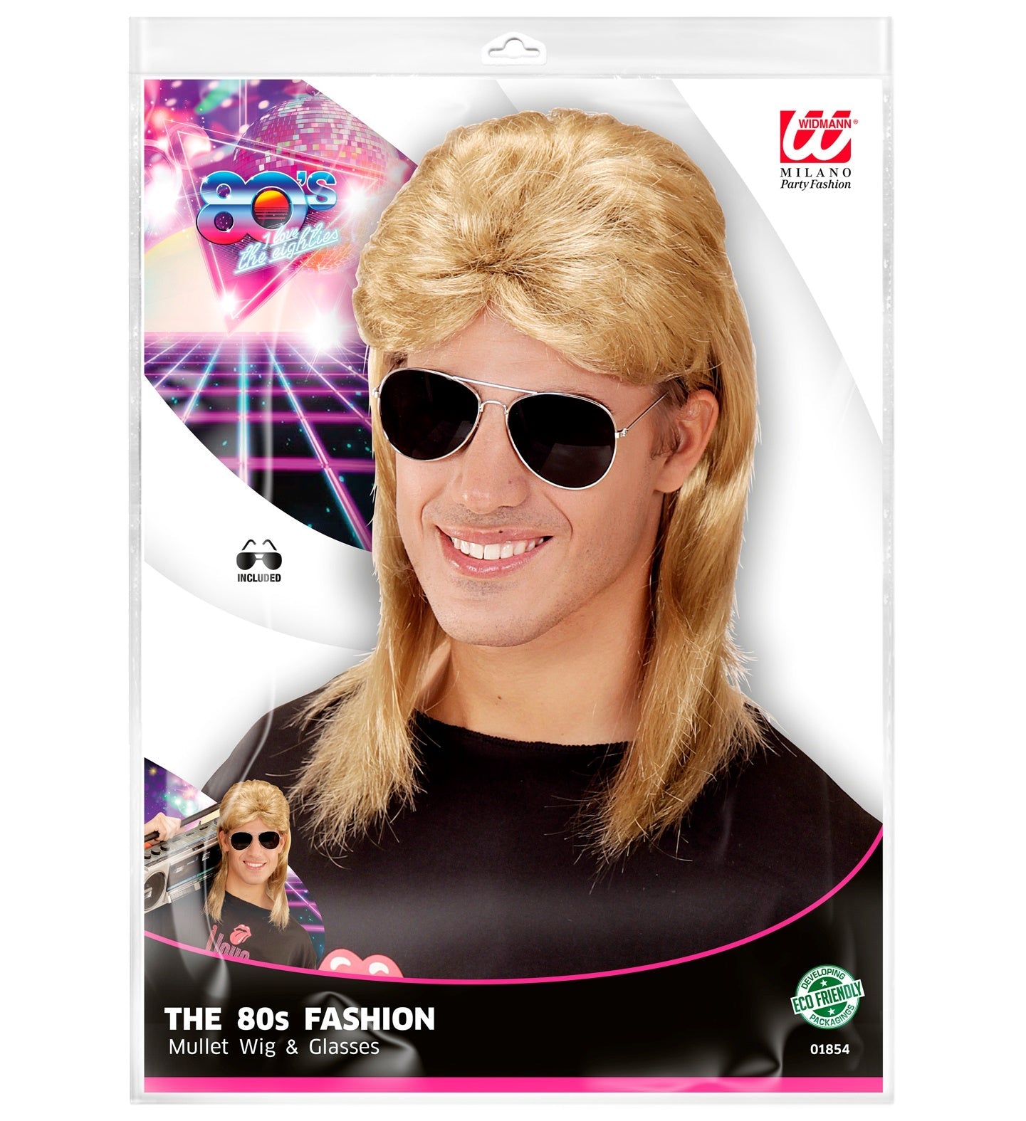 Blonde 80er Vokuhila Perücke mit Retro-Brille, hellblond und synthetisch, Herrenstyle