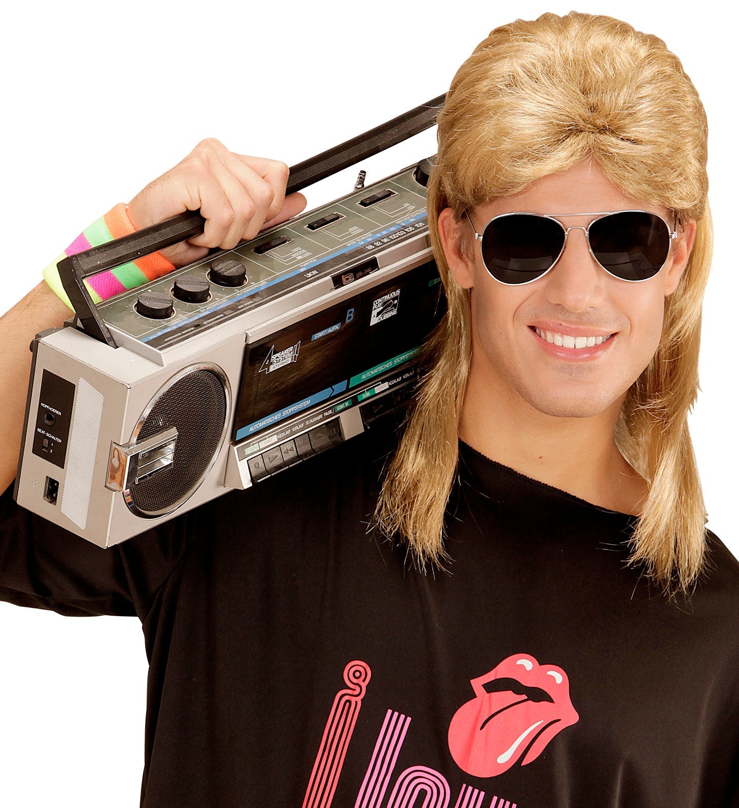 Blonde Vokuhila Perücke mit Brille, leuchtende Farben, 80er Jahre Retro-Stil.