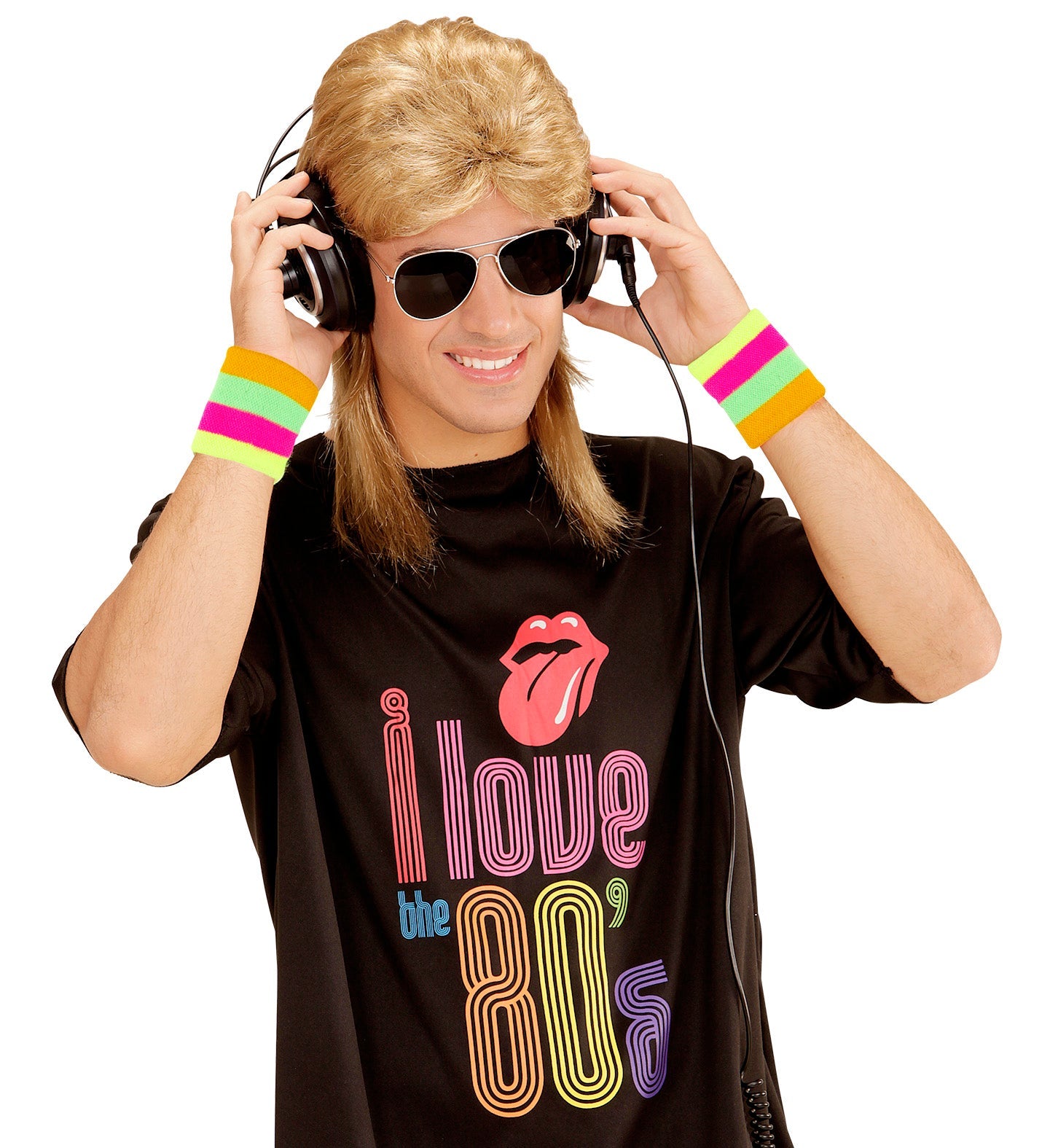 Blonde 80er Vokuhila Perücke mit Retro-Brille für Herren im typischen Vokuhila-Stil