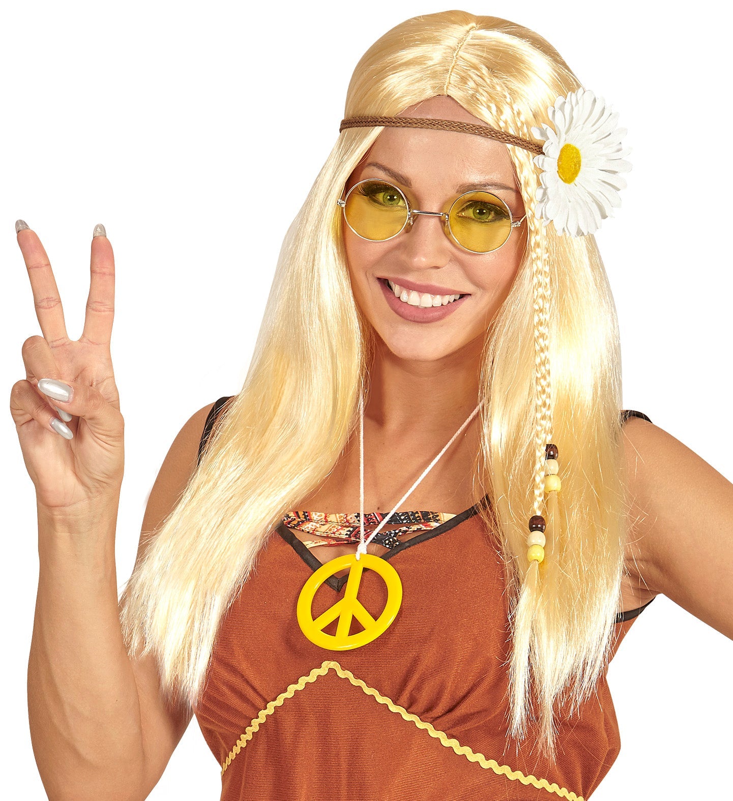 Blonde Hippieperücke mit langen, gestuften Strähnen und abnehmbarem Blumenhaarband.