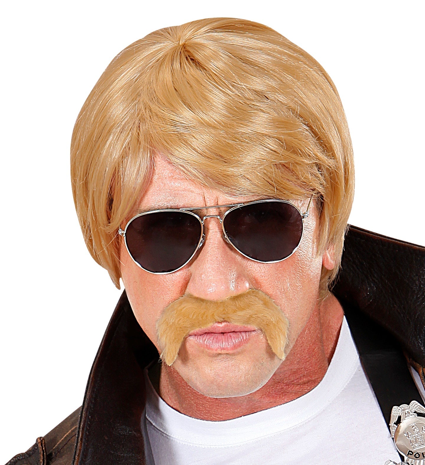 Blonde Herrenperücke mit Schnurrbart und Sonnenbrille für den Geheimagenten-Look.