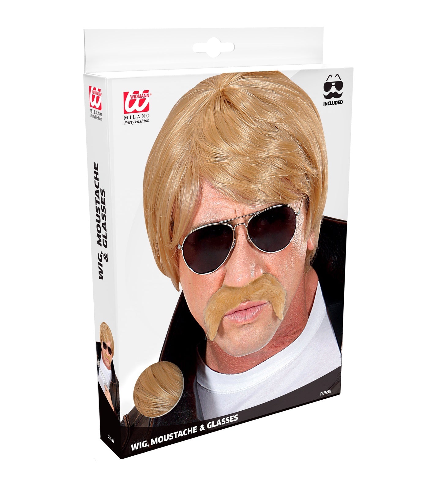 Blonde Herrenperücke aus Kunstfaser mit Schnurrbart und schwarzer Sonnenbrille als Geheimagenten-Look