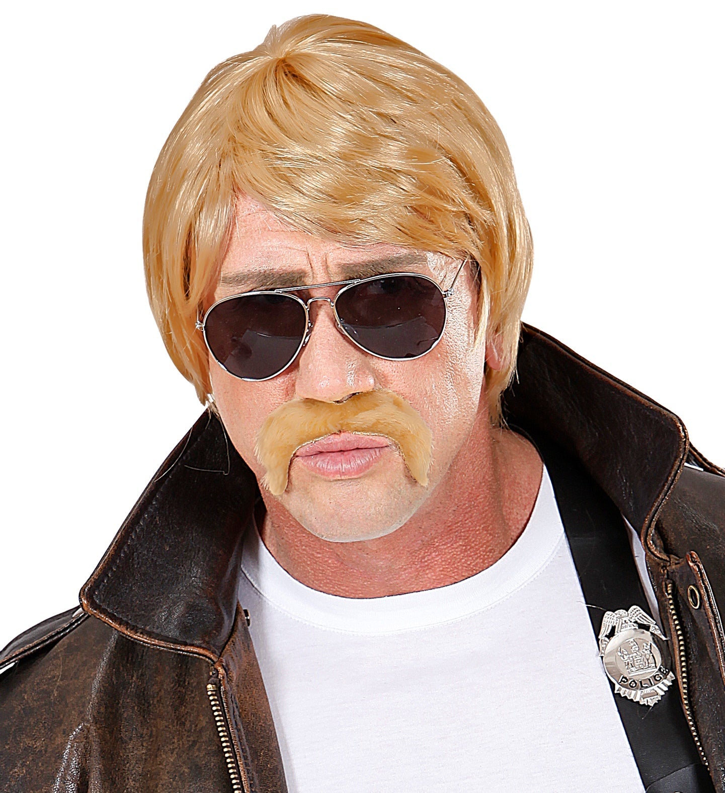 Blonde Herrenperücke mit Schnurrbart und Sonnenbrille für den Geheimagenten-Look.