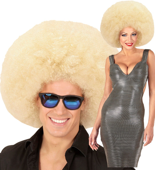 Giant blonde afro wig shown on a smiling man with sunglasses and a woman in a gray dress.