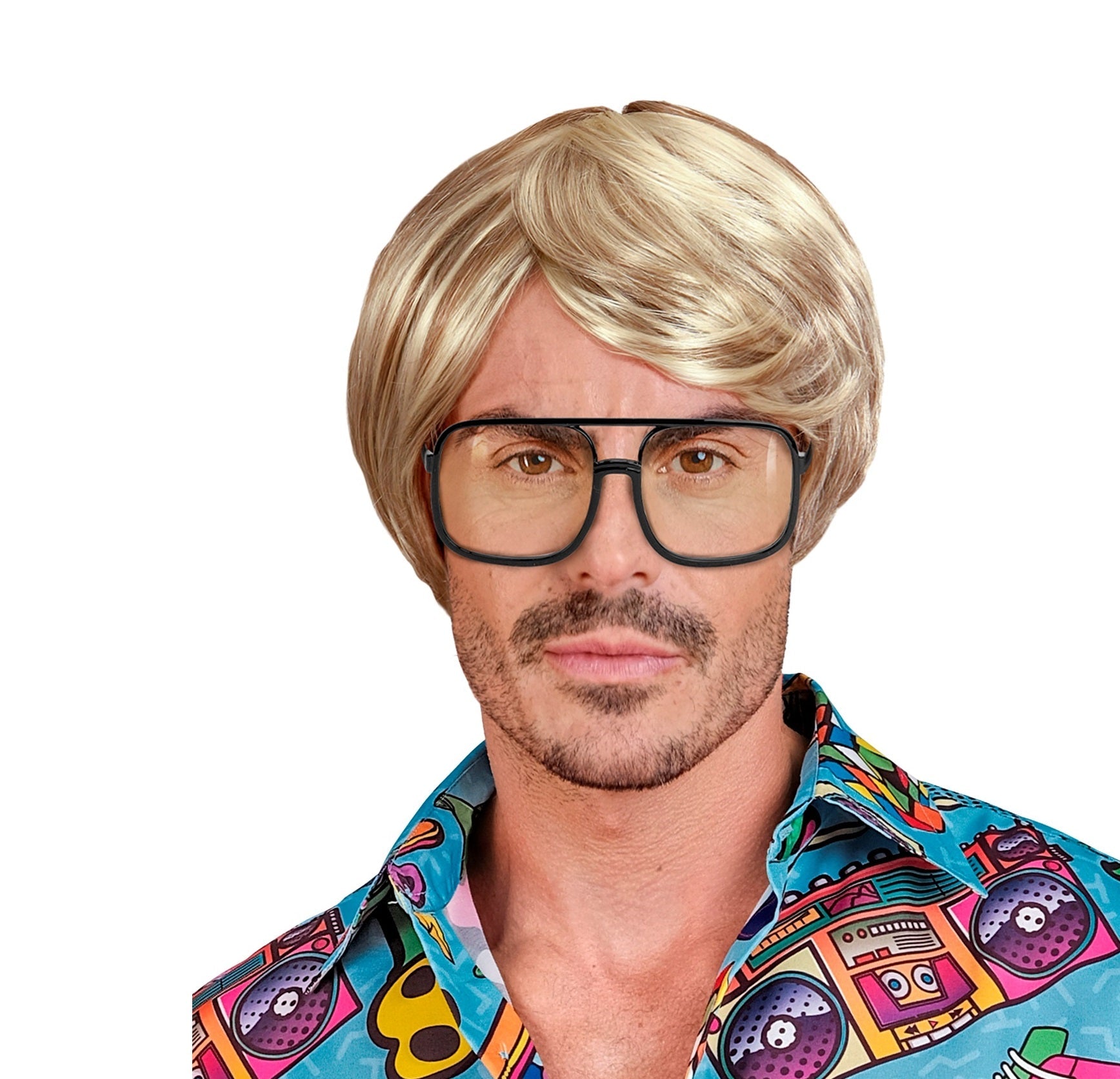 Blonde Herrenperücke im Vokuhila-Stil aus Kunstfaser mit spitzem Schnitt.