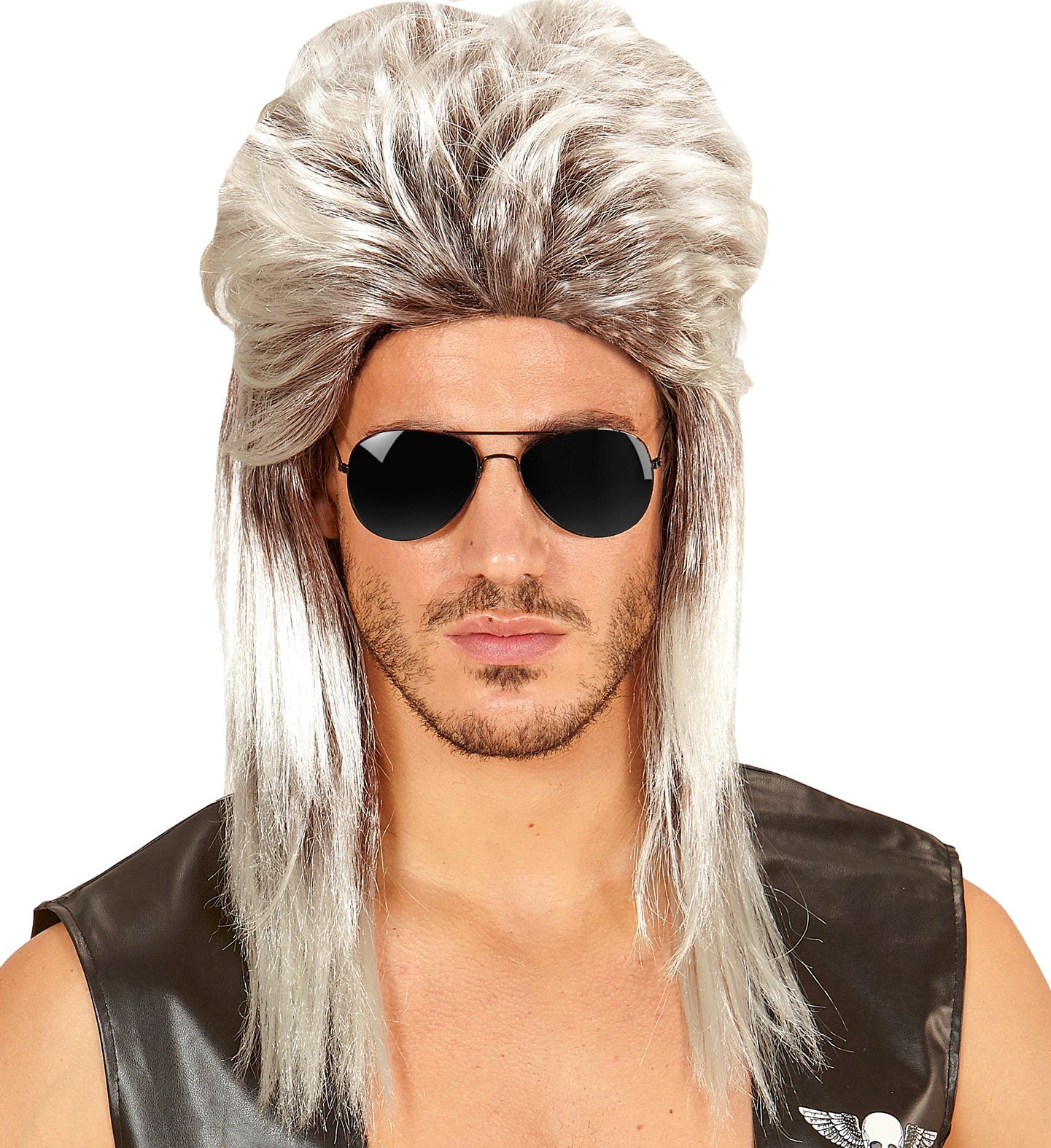 Blonde Vokuhila-Perücke aus Kunstfaser mit langem Haar im 80er-Jahre Rockstar-Stil