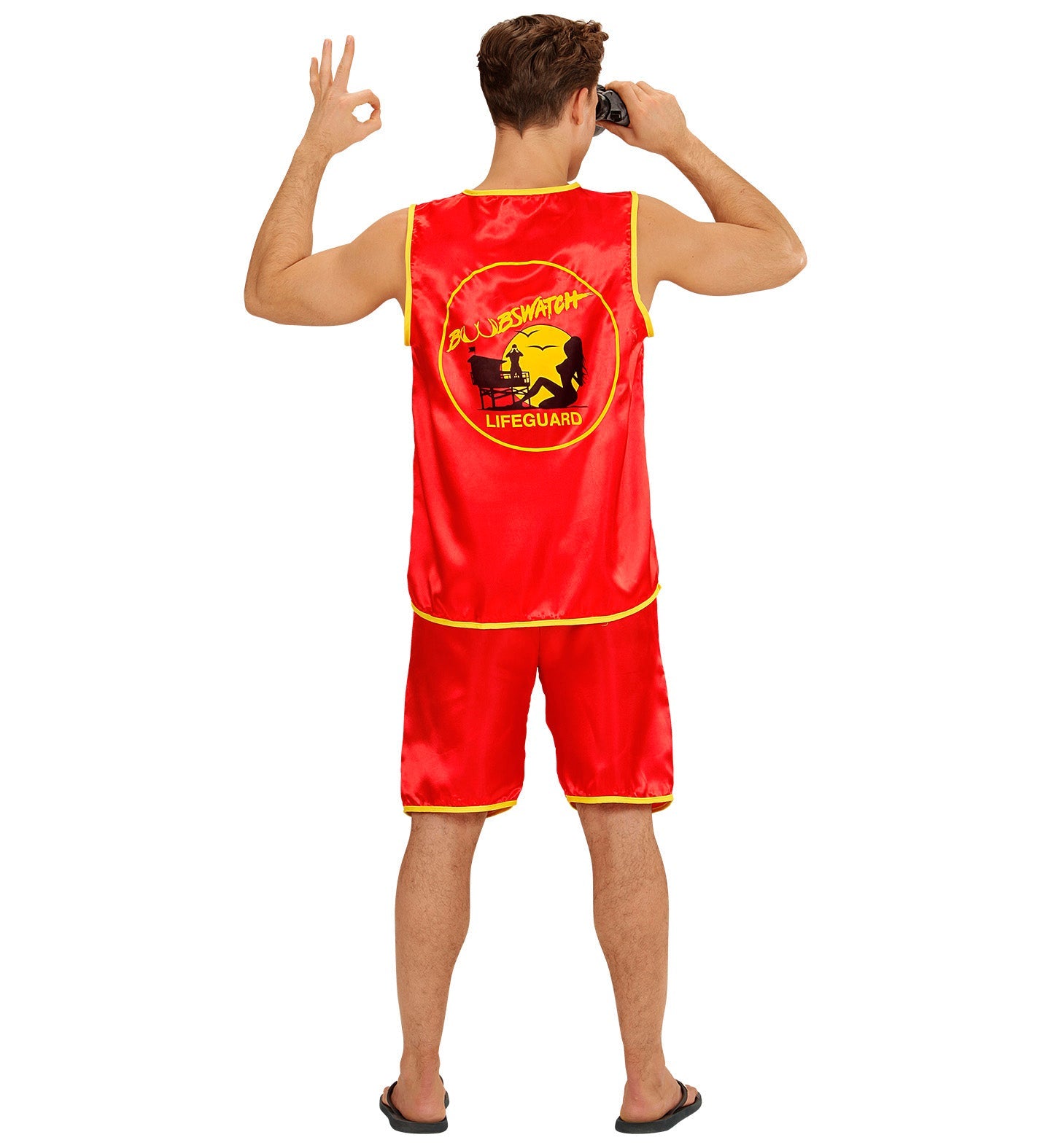 Rotes zweiteiliges Baywatch Lifeguard Kostüm aus Tanktop und Shorts.