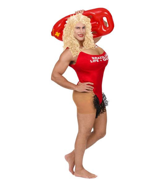 Bunter Overall in Rot und Gelb mit Rettungsschwimmer-Logo für Fasching oder Strandpartys.