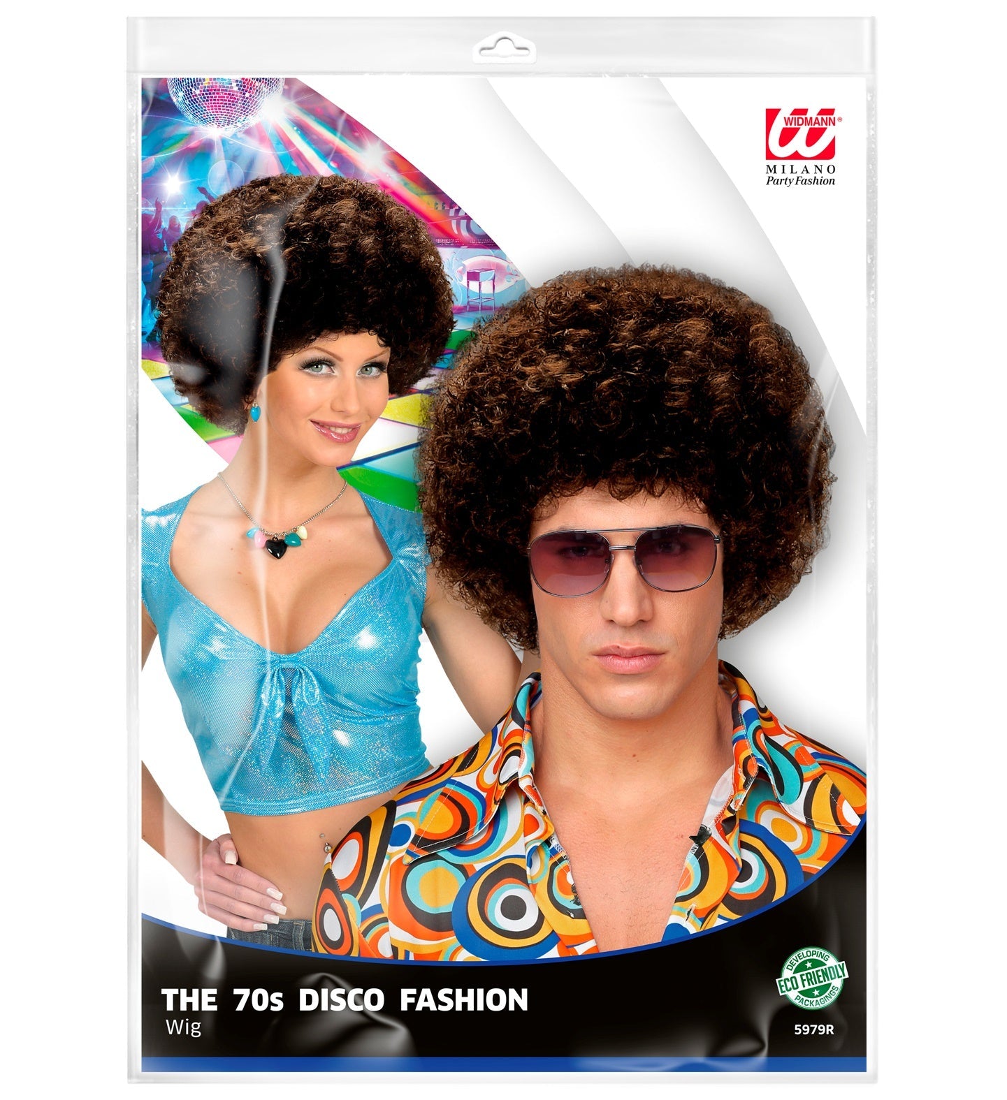 Braune Afro Perücke im 70er Disco-Stil, voluminös und unisex für Kostümpartys.