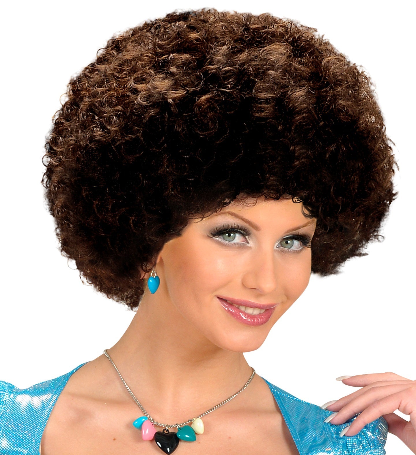 Braune Afro Perücke im 70er-Jahre Disco-Stil, voluminös und unisex.