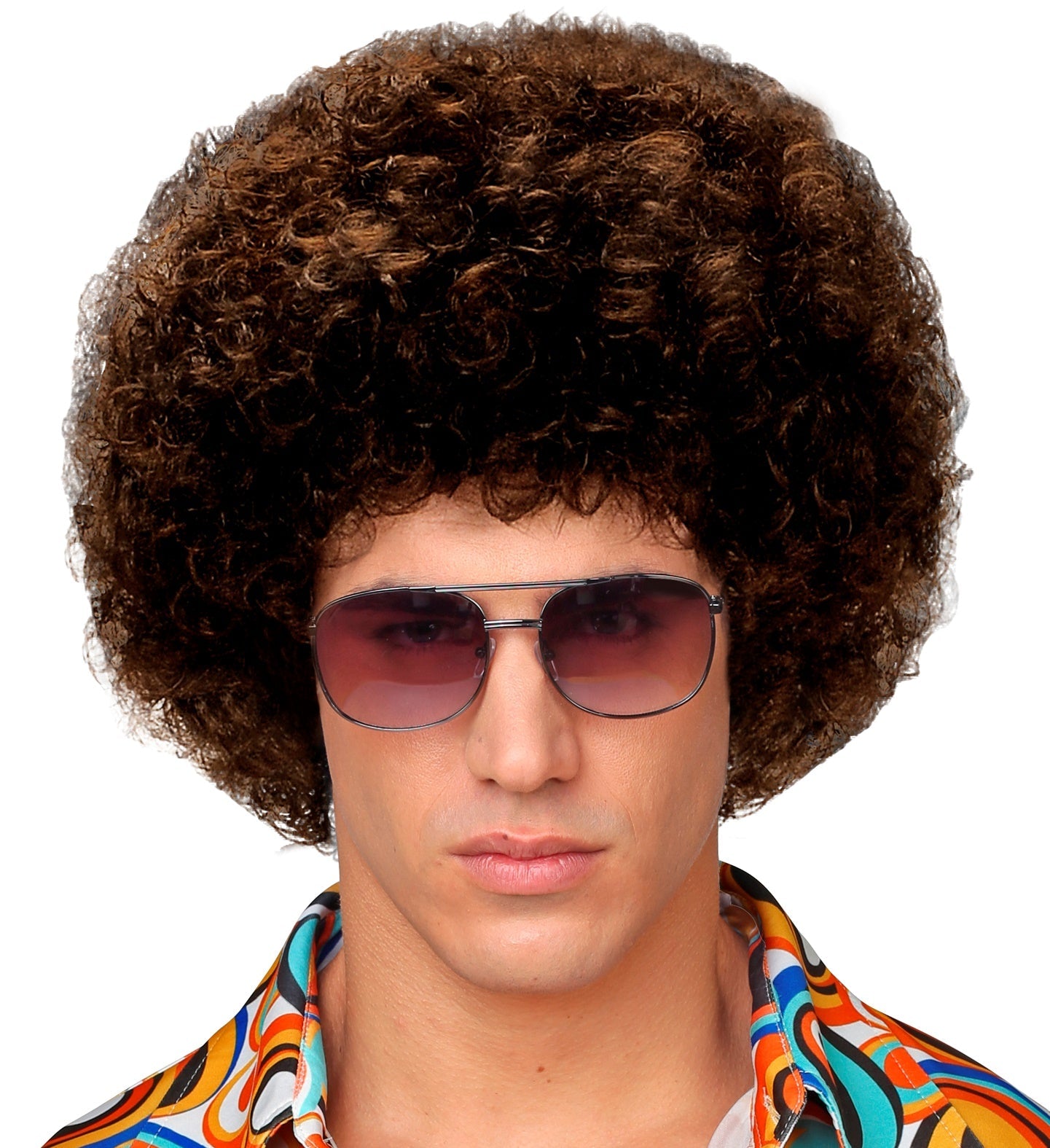 Braune Afro-Perücke im 70er Disco-Stil mit voluminösem, lockigem Haar für Unisex.