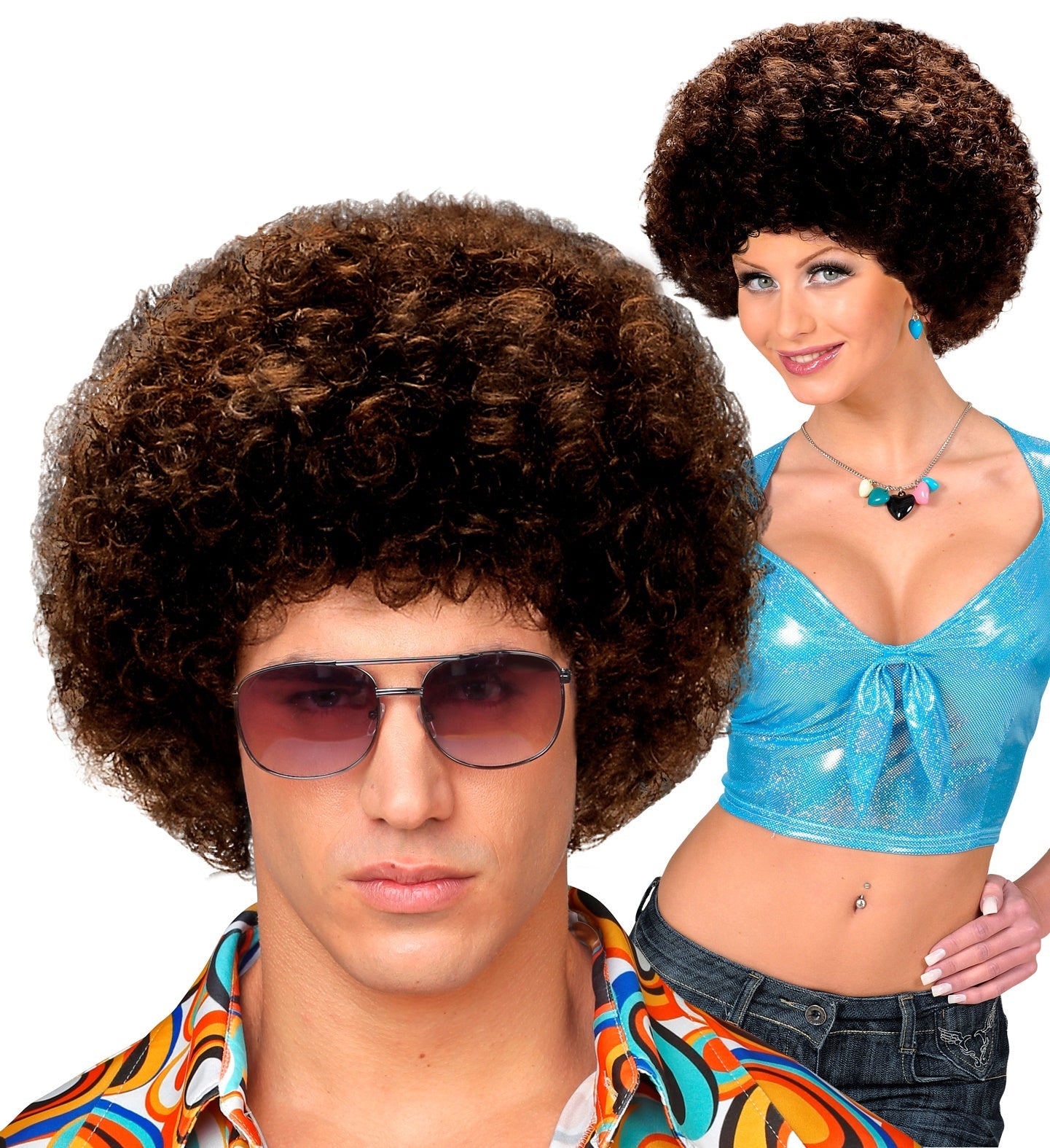 Braune Afro-Perücke im 70er Disco-Stil mit voluminösen Locken, unisex und elastisch.
