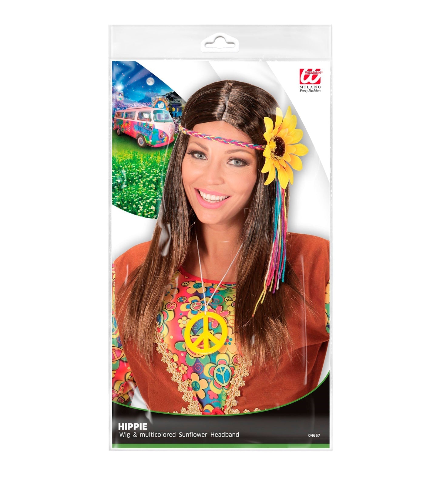 Braune Hippieperücke für Frauen mit buntem Blumenhaarband, ideal für Festivals.