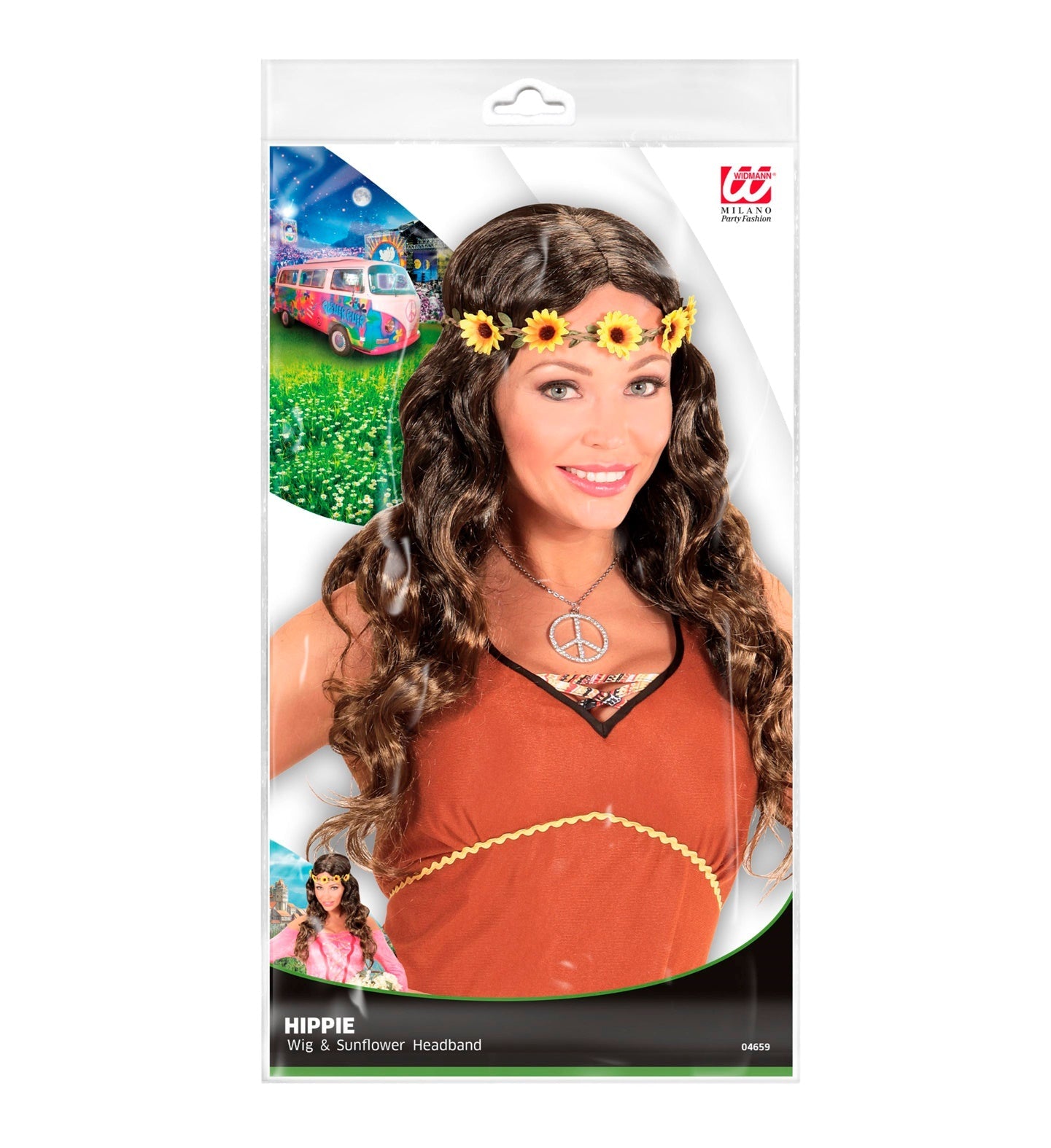 Blonde Damenperücke mit weichen Wellen und buntem Blumenstirnband im Hippie-Stil.