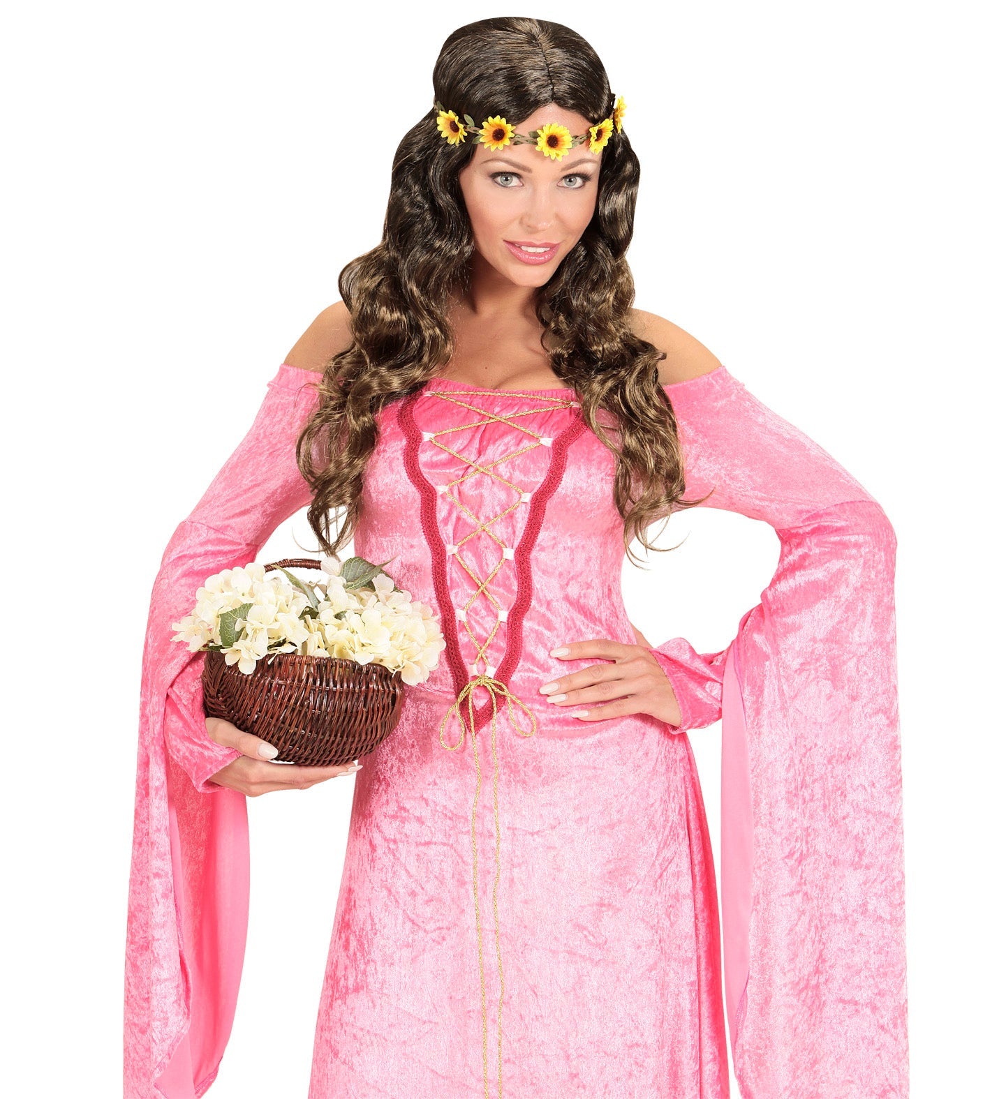 Blonde Damenperücke mit weichen Wellen und buntem Blumenstirnband im Hippie-Stil