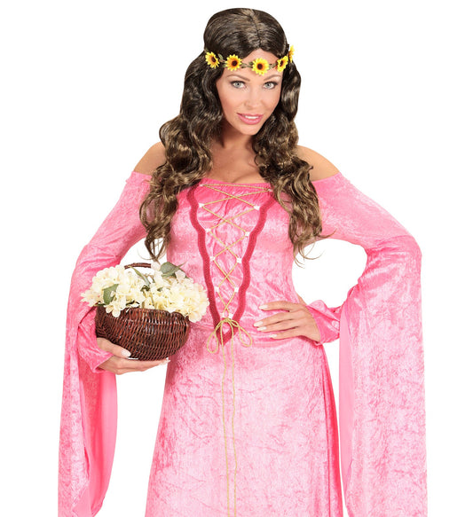 Blonde Damenperücke mit weichen Wellen und buntem Blumenstirnband im Hippie-Stil