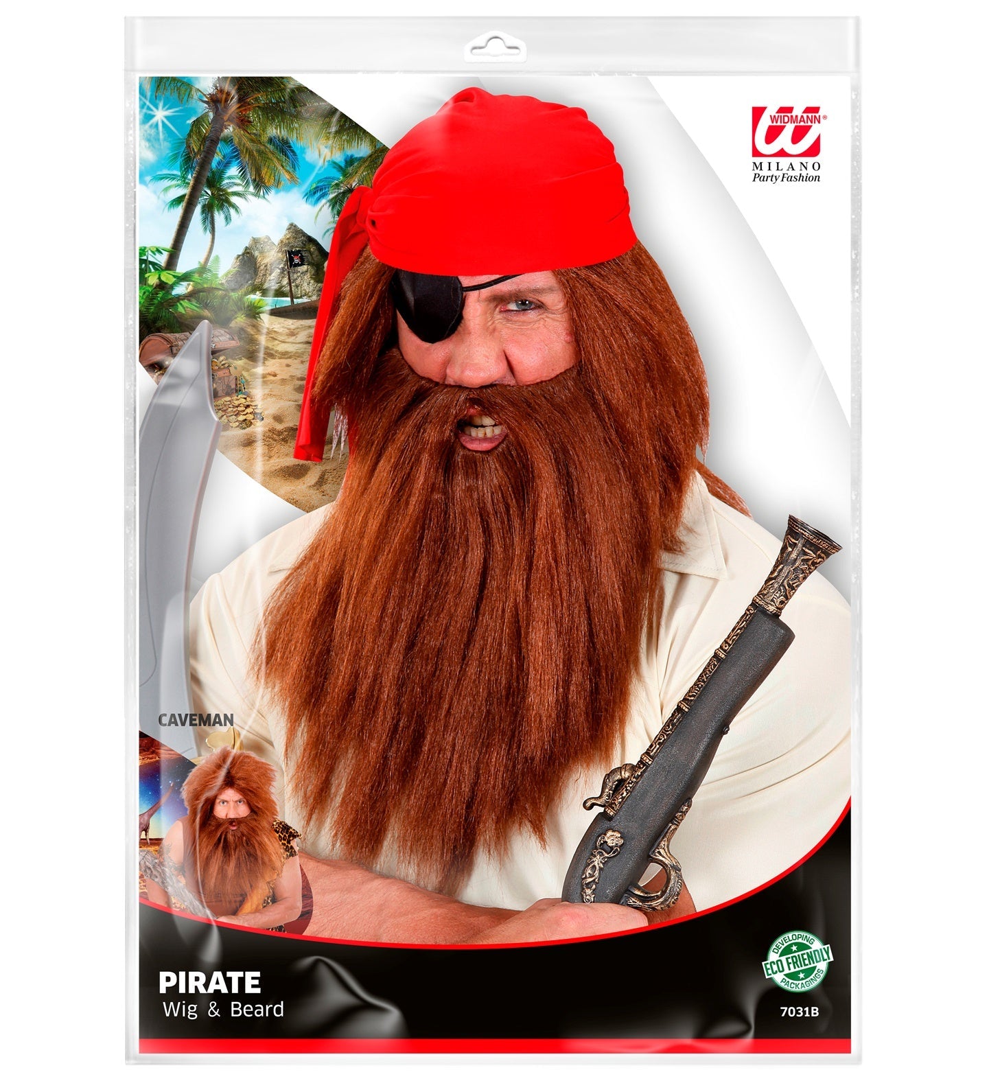 Brown synthetic pirate wig and beard set for men, with shoulder-length hair and goatee.